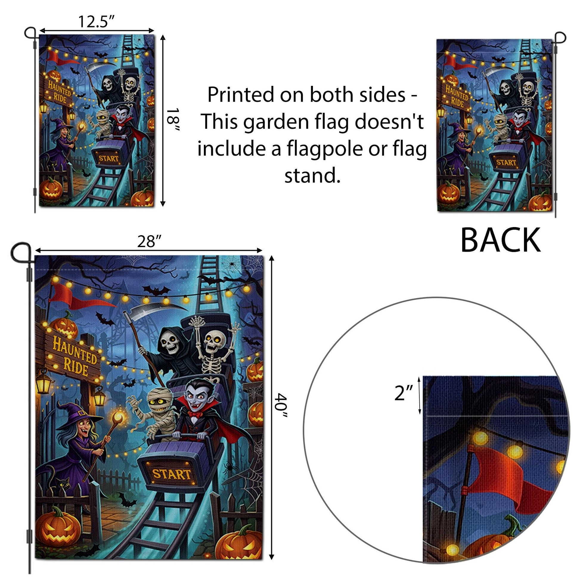 Haunted Ride Halloween Garden Flag, Spooky Roller Coaster Witch Vampire Skeleton Mummy Yard Decor, Funny Outdoor Fall Decoration