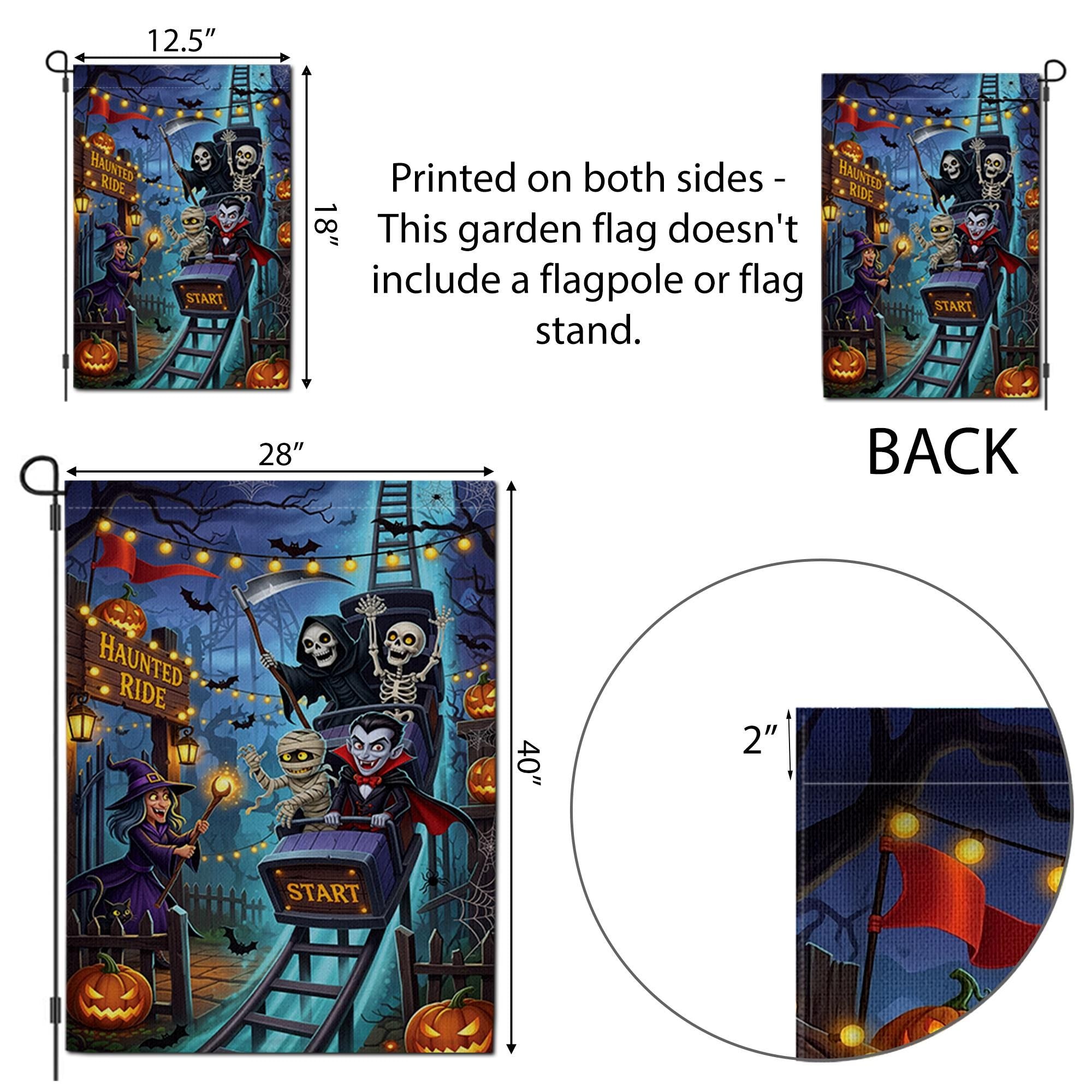Haunted Ride Halloween Garden Flag, Spooky Roller Coaster Witch Vampire Skeleton Mummy Yard Decor, Funny Outdoor Fall Decoration