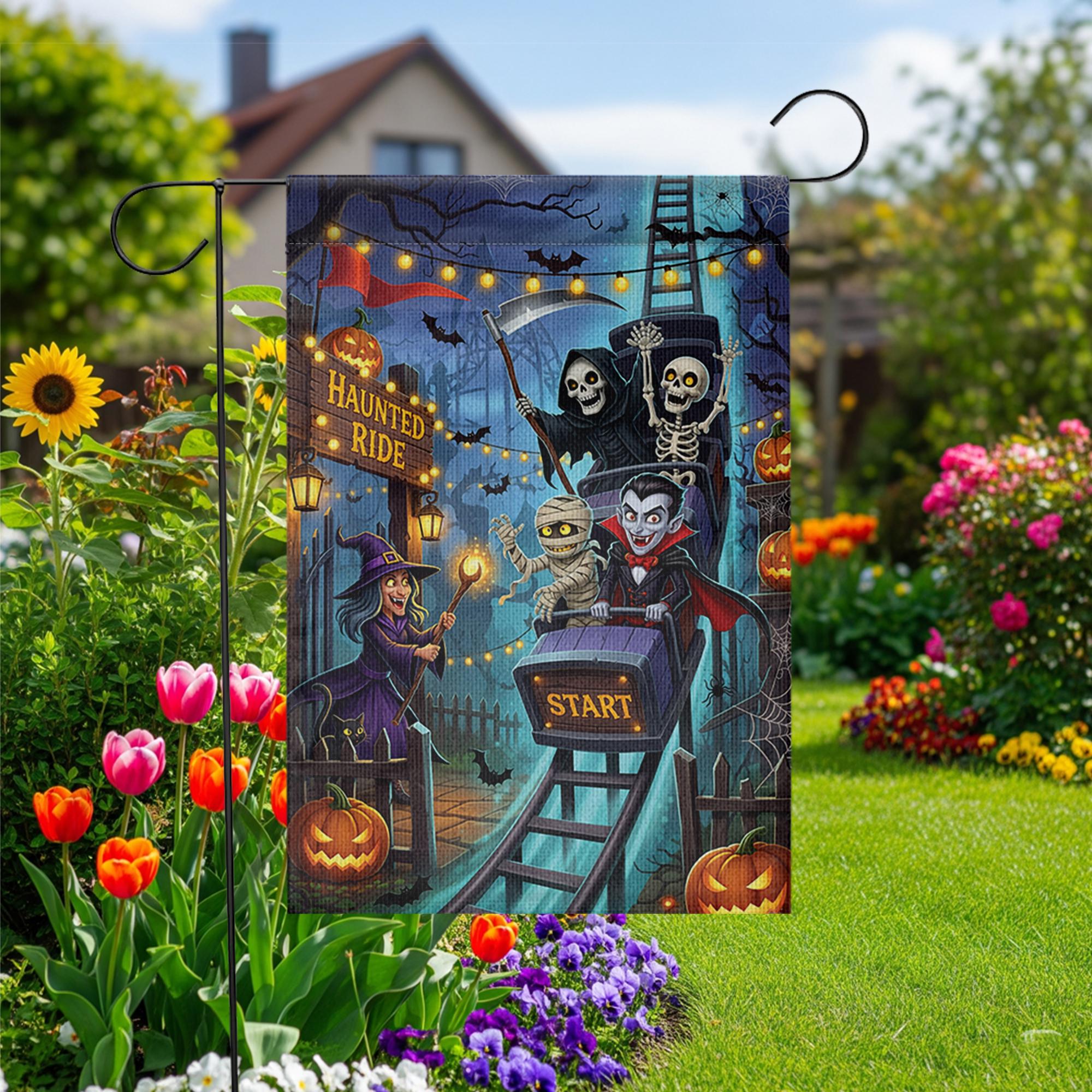 Haunted Ride Halloween Garden Flag, Spooky Roller Coaster Witch Vampire Skeleton Mummy Yard Decor, Funny Outdoor Fall Decoration
