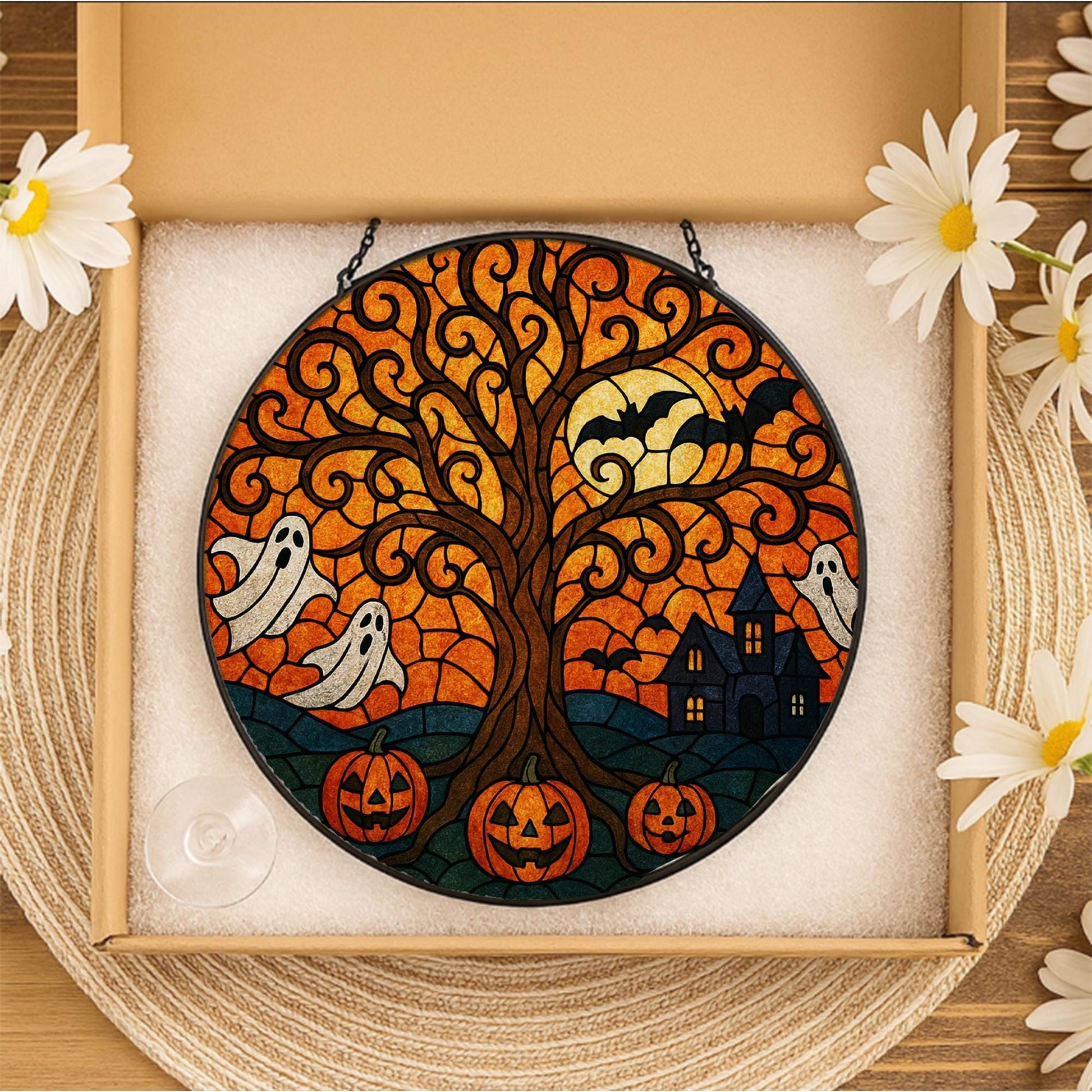 Halloween Tree of Life Suncatcher – Glass Ghost & Pumpkin Window Decor – Spooky Autumn Gift – Haunted House Sun Catcher