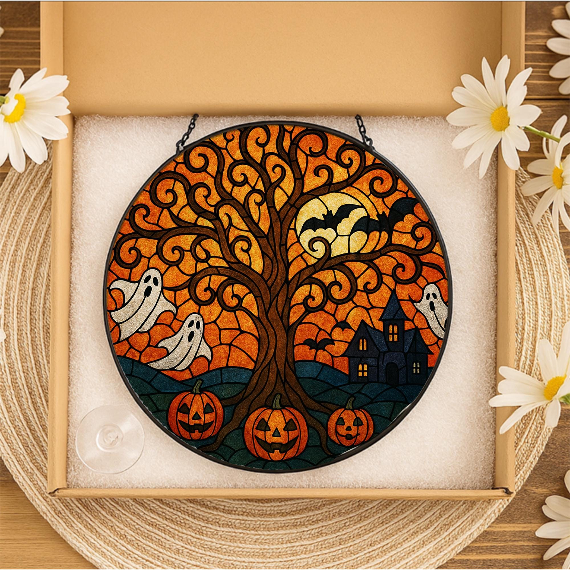 Halloween Tree of Life Suncatcher – Glass Ghost & Pumpkin Window Decor – Spooky Autumn Gift – Haunted House Sun Catcher