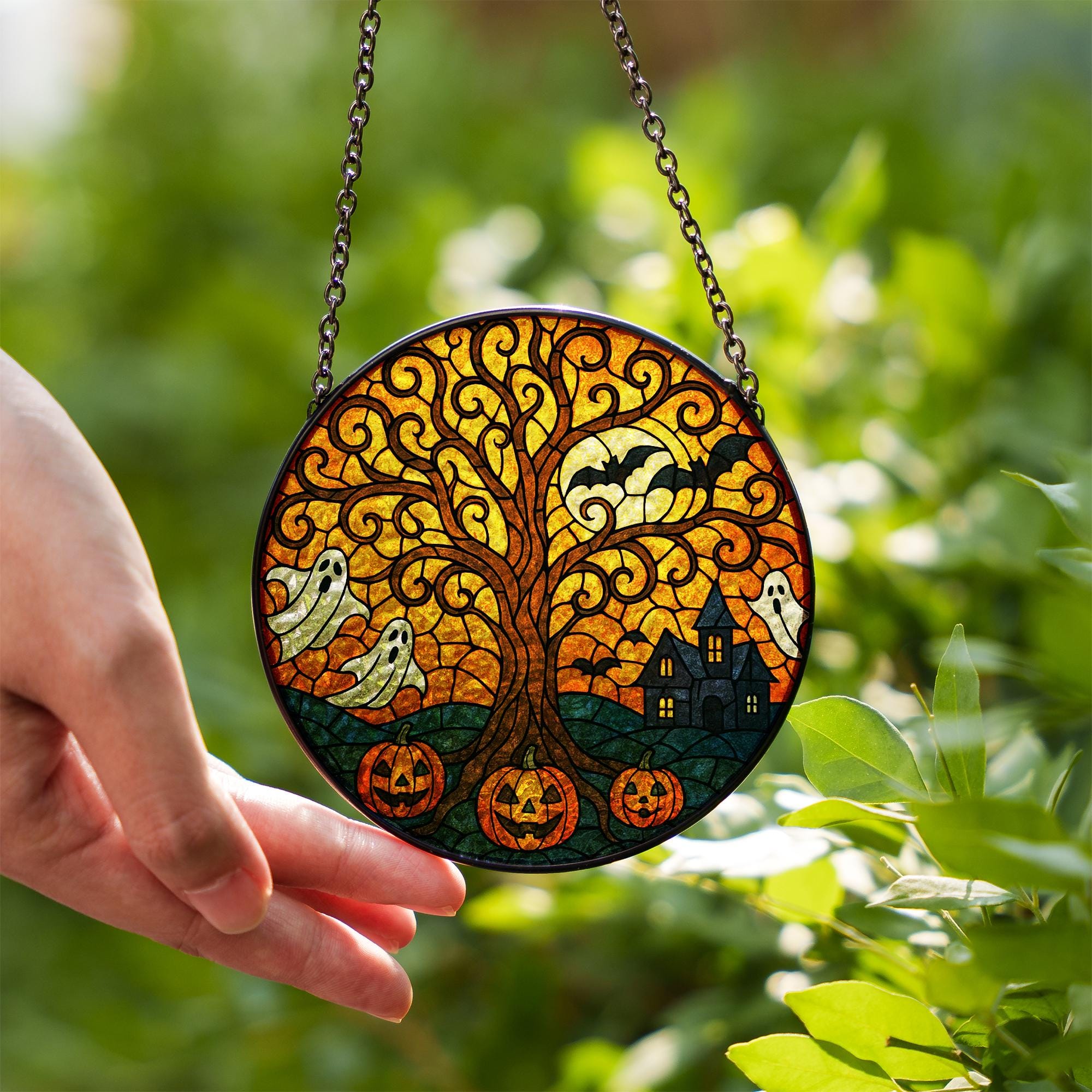 Halloween Tree of Life Suncatcher – Glass Ghost & Pumpkin Window Decor – Spooky Autumn Gift – Haunted House Sun Catcher