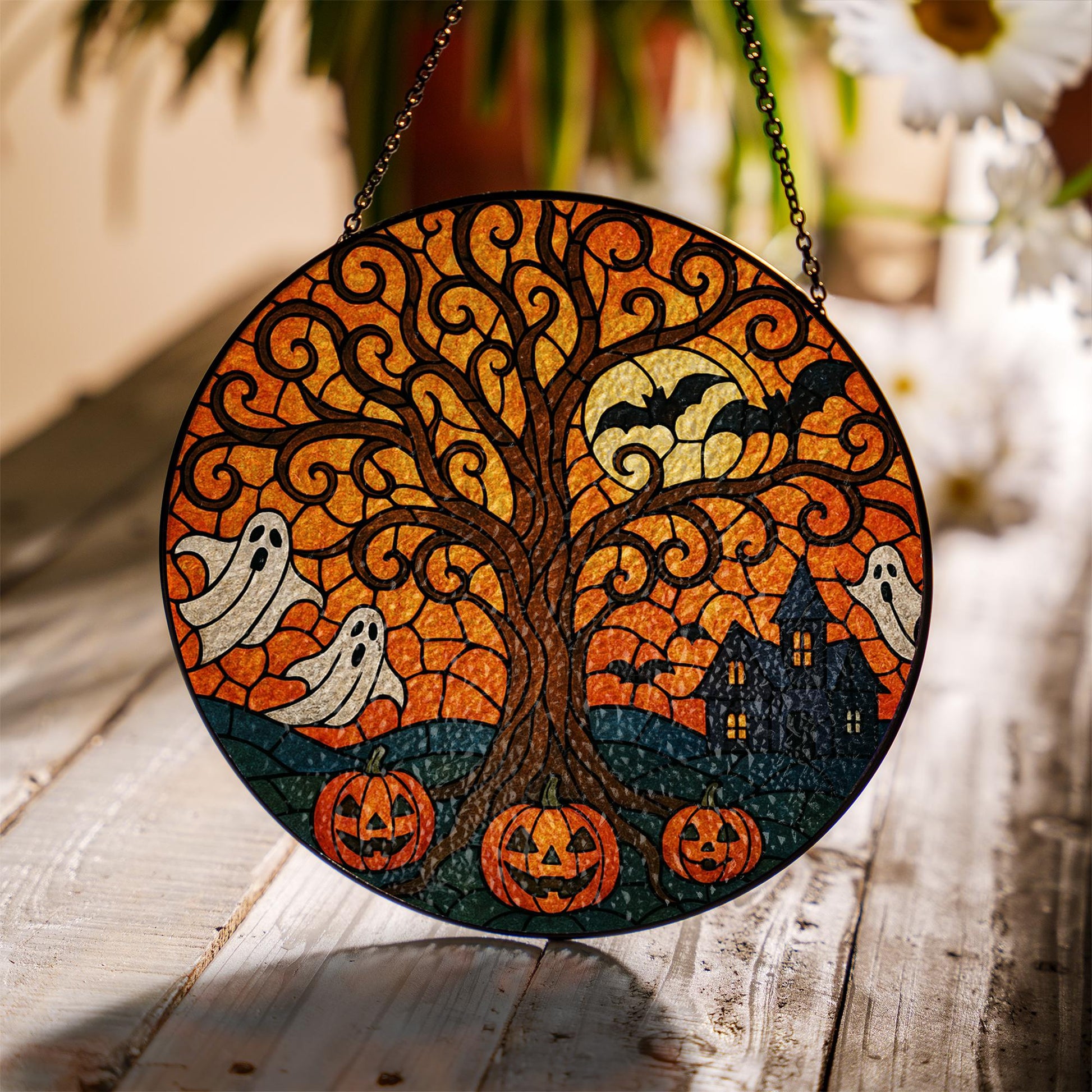 Halloween Tree of Life Suncatcher – Glass Ghost & Pumpkin Window Decor – Spooky Autumn Gift – Haunted House Sun Catcher