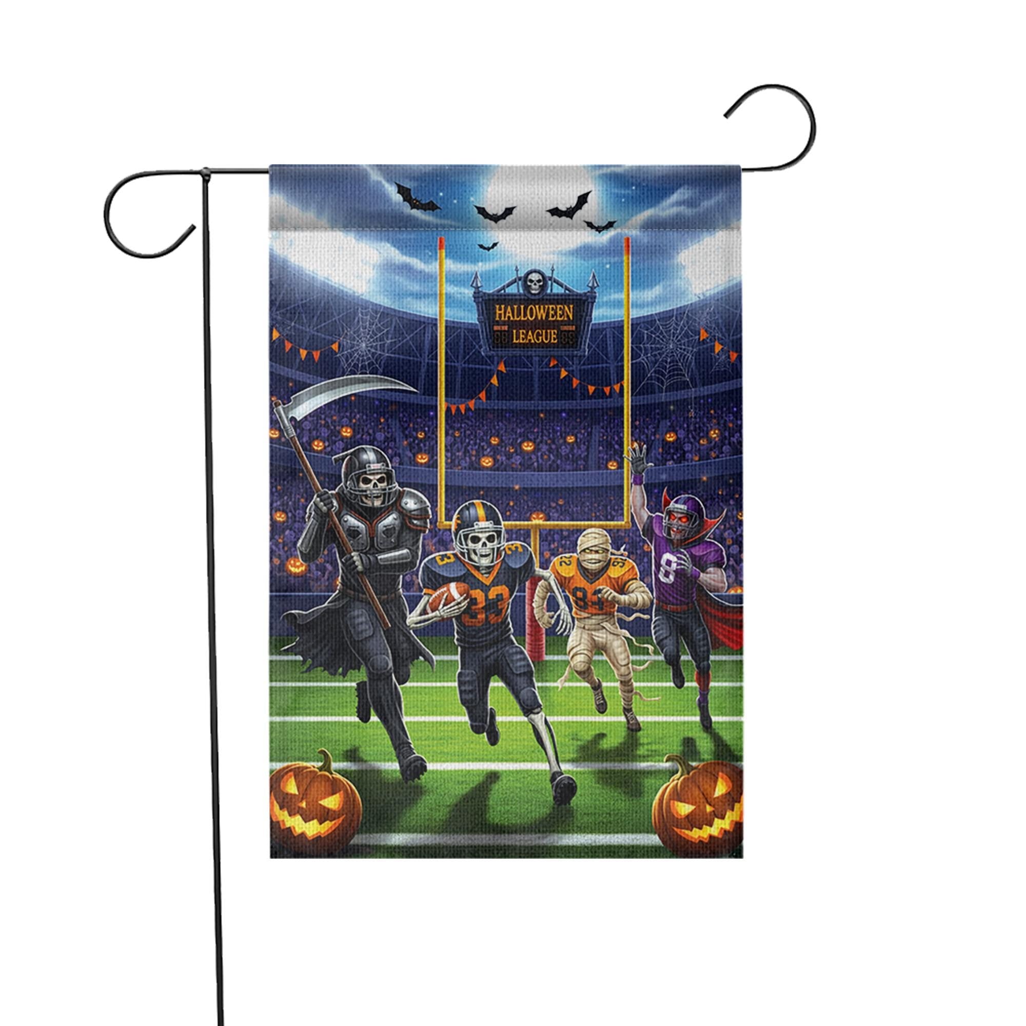 Halloween Football Garden Flag, Funny Spooky League Yard Decor with Skeleton Vampire Mummy Players, Fall Outdoor Sports Decoration