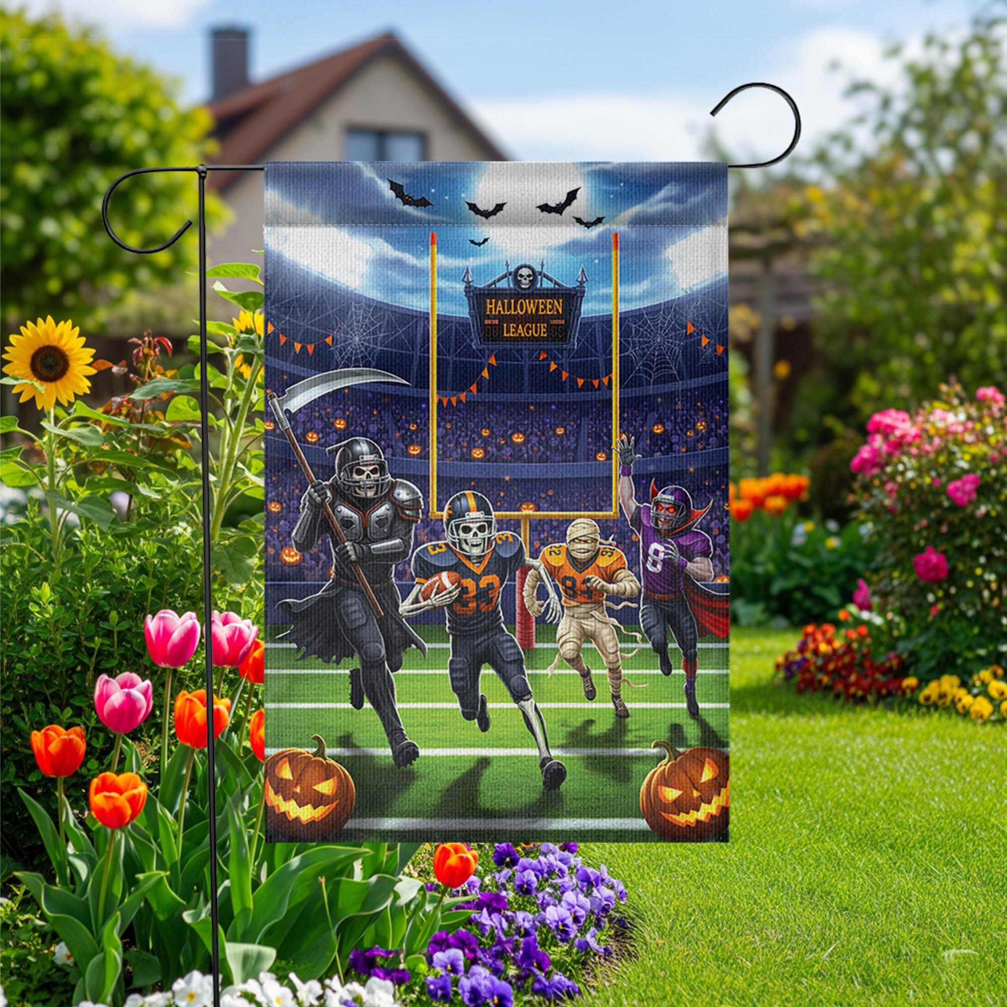Halloween Football Garden Flag, Funny Spooky League Yard Decor with Skeleton Vampire Mummy Players, Fall Outdoor Sports Decoration