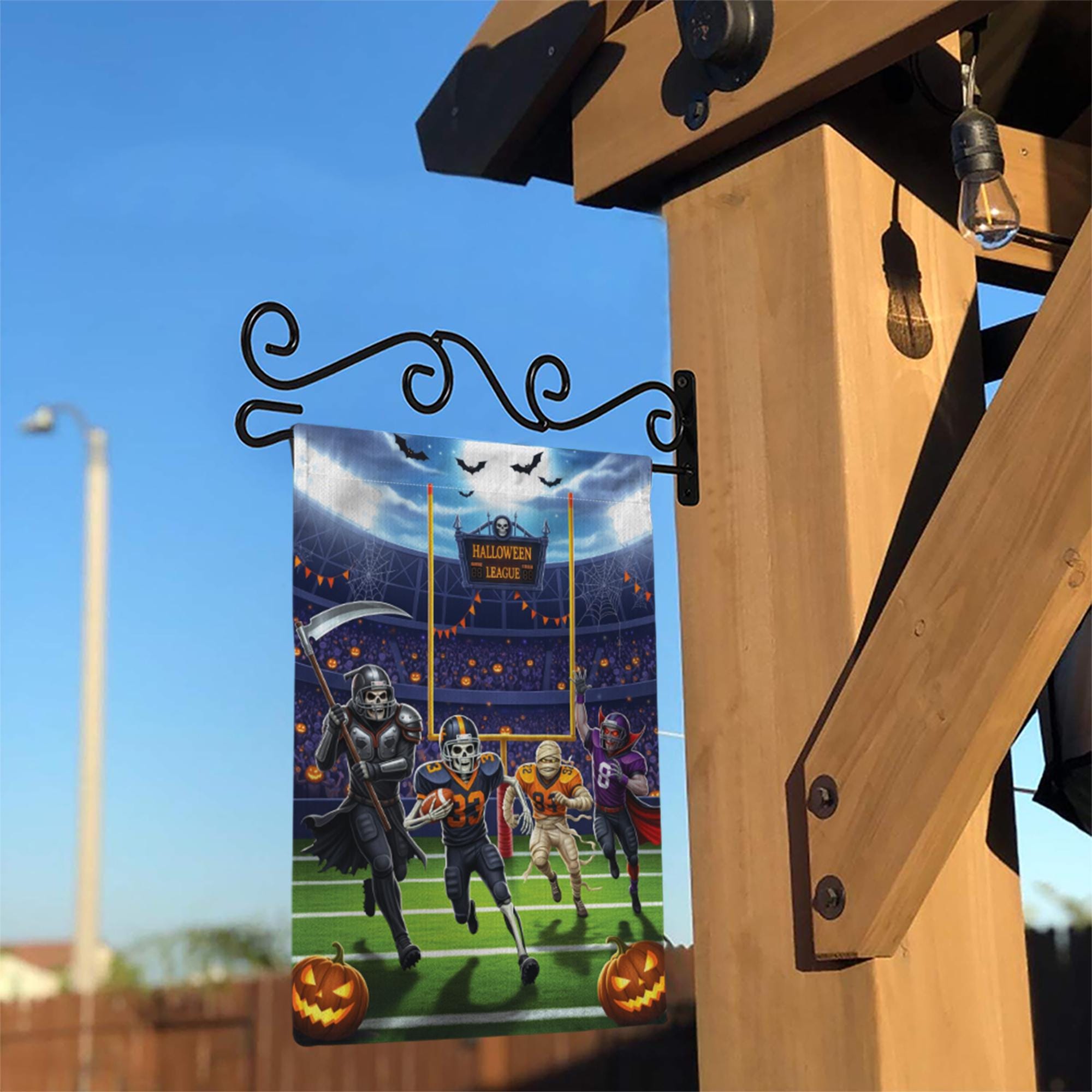 Halloween Football Garden Flag, Funny Spooky League Yard Decor with Skeleton Vampire Mummy Players, Fall Outdoor Sports Decoration