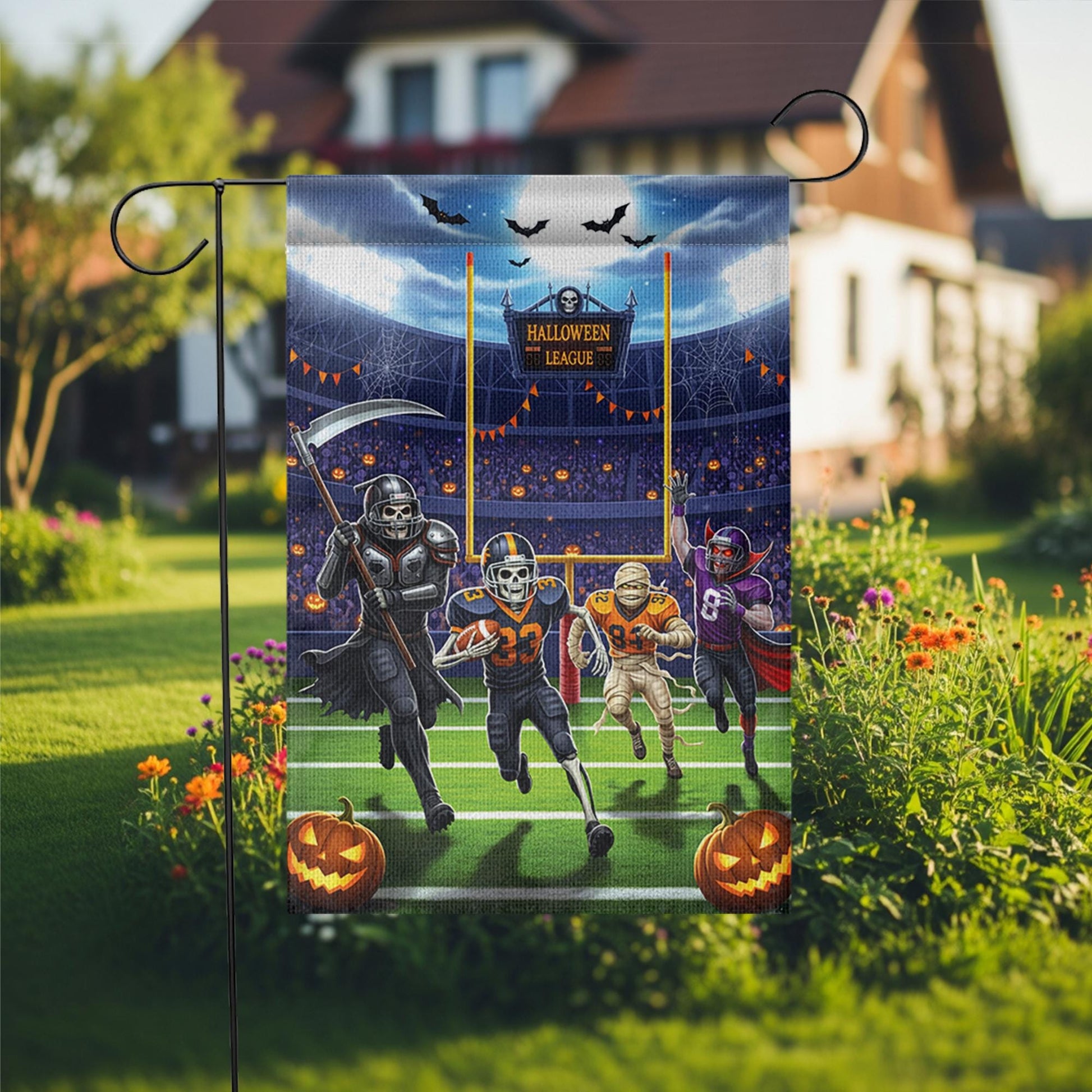 Halloween Football Garden Flag, Funny Spooky League Yard Decor with Skeleton Vampire Mummy Players, Fall Outdoor Sports Decoration