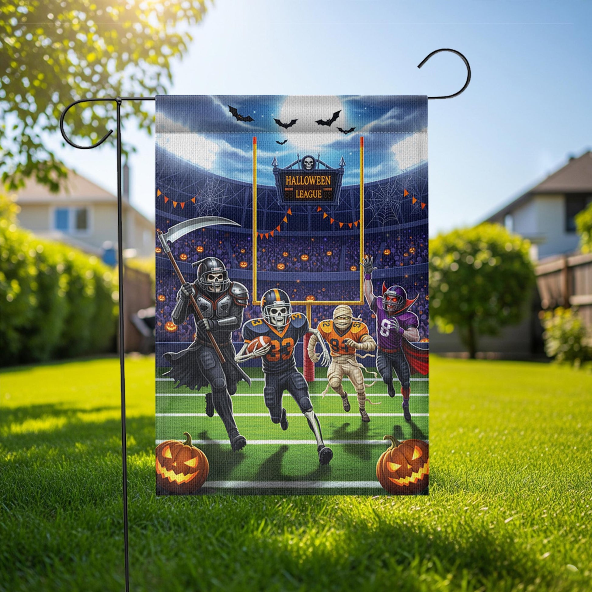 Halloween Football Garden Flag, Funny Spooky League Yard Decor with Skeleton Vampire Mummy Players, Fall Outdoor Sports Decoration