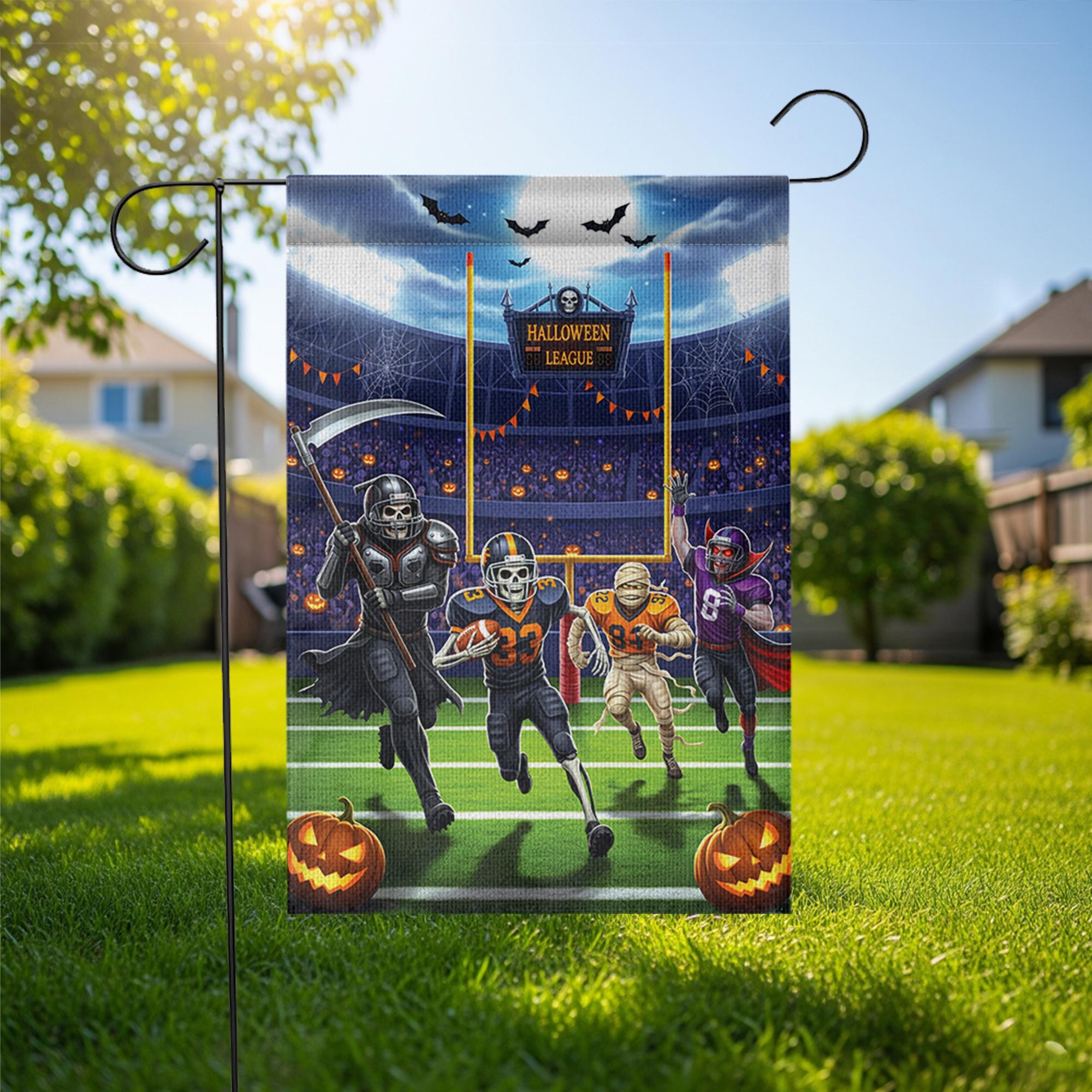 Halloween Football Garden Flag, Funny Spooky League Yard Decor with Skeleton Vampire Mummy Players, Fall Outdoor Sports Decoration