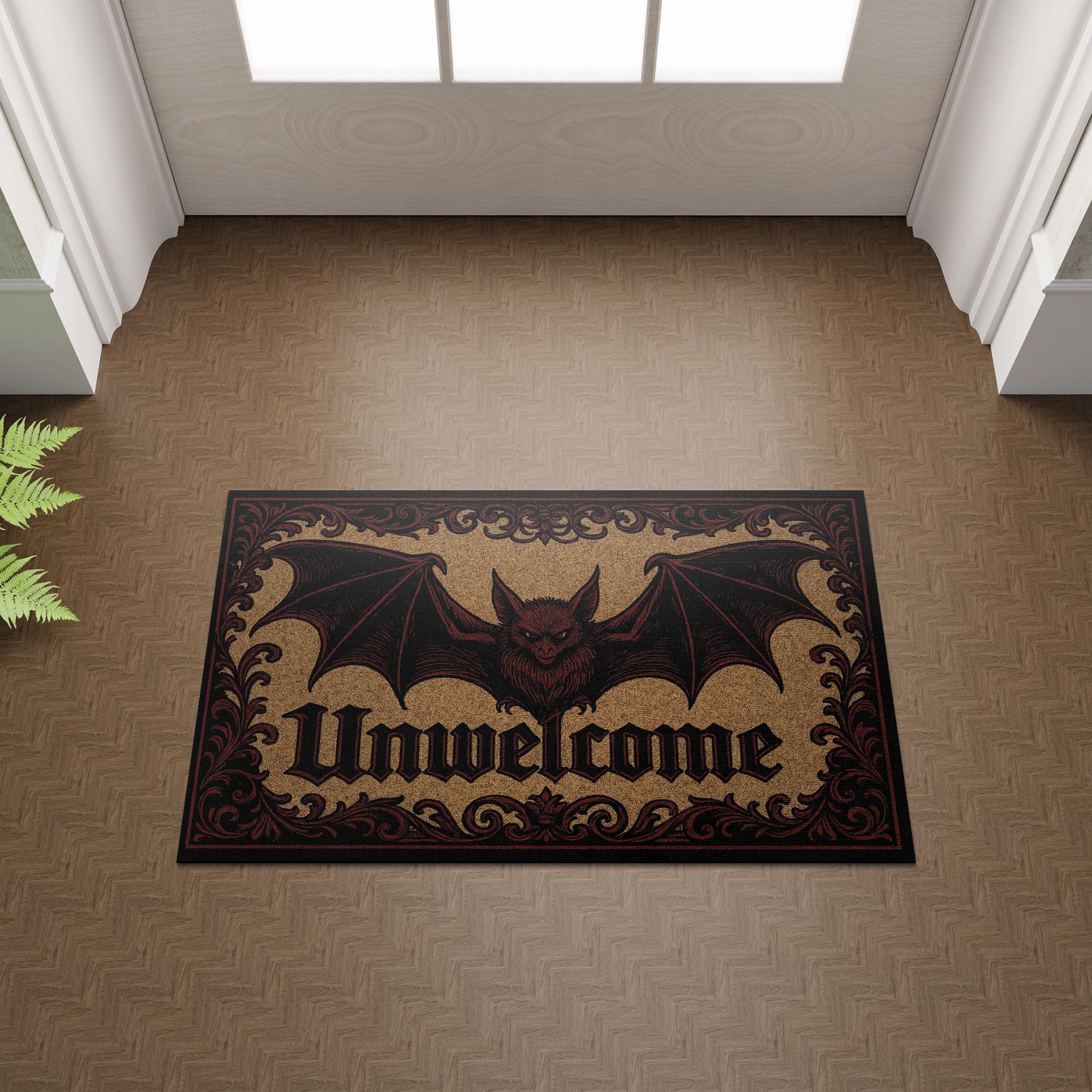 Gothic Unwelcome Doormat – Bat Front Door Mat – Dark Aesthetic Welcome Rug – Spooky Halloween Porch Decor for Horror Fans