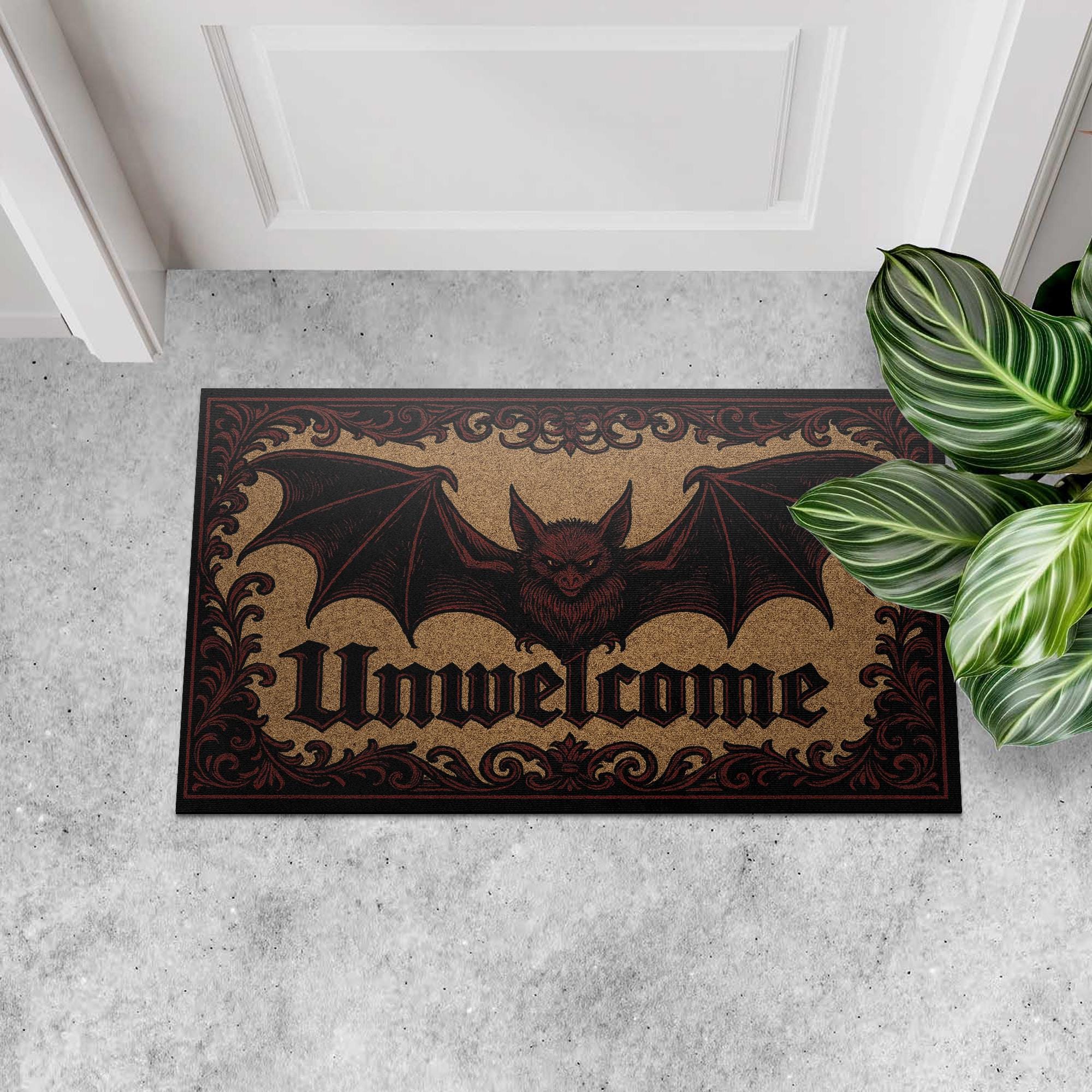 Gothic Unwelcome Doormat – Bat Front Door Mat – Dark Aesthetic Welcome Rug – Spooky Halloween Porch Decor for Horror Fans
