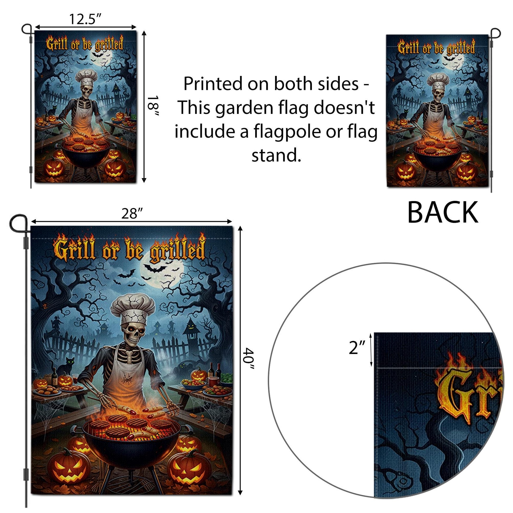 Grill or Be Grilled Halloween Garden Flag, Funny Skeleton BBQ Chef Yard Decor, Spooky Fall Outdoor Cooking Decoration, Pumpkin Lawn Sign