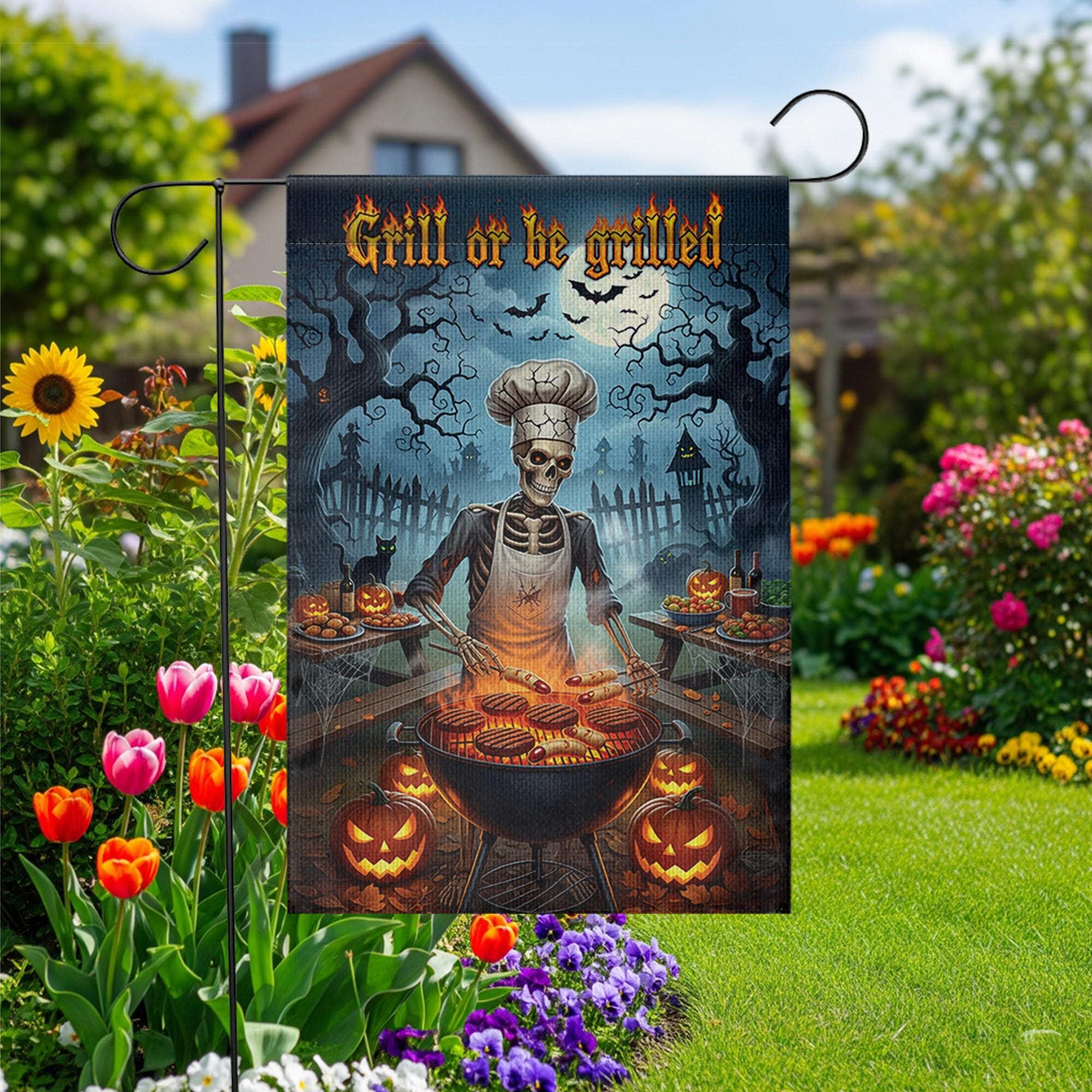 Grill or Be Grilled Halloween Garden Flag, Funny Skeleton BBQ Chef Yard Decor, Spooky Fall Outdoor Cooking Decoration, Pumpkin Lawn Sign