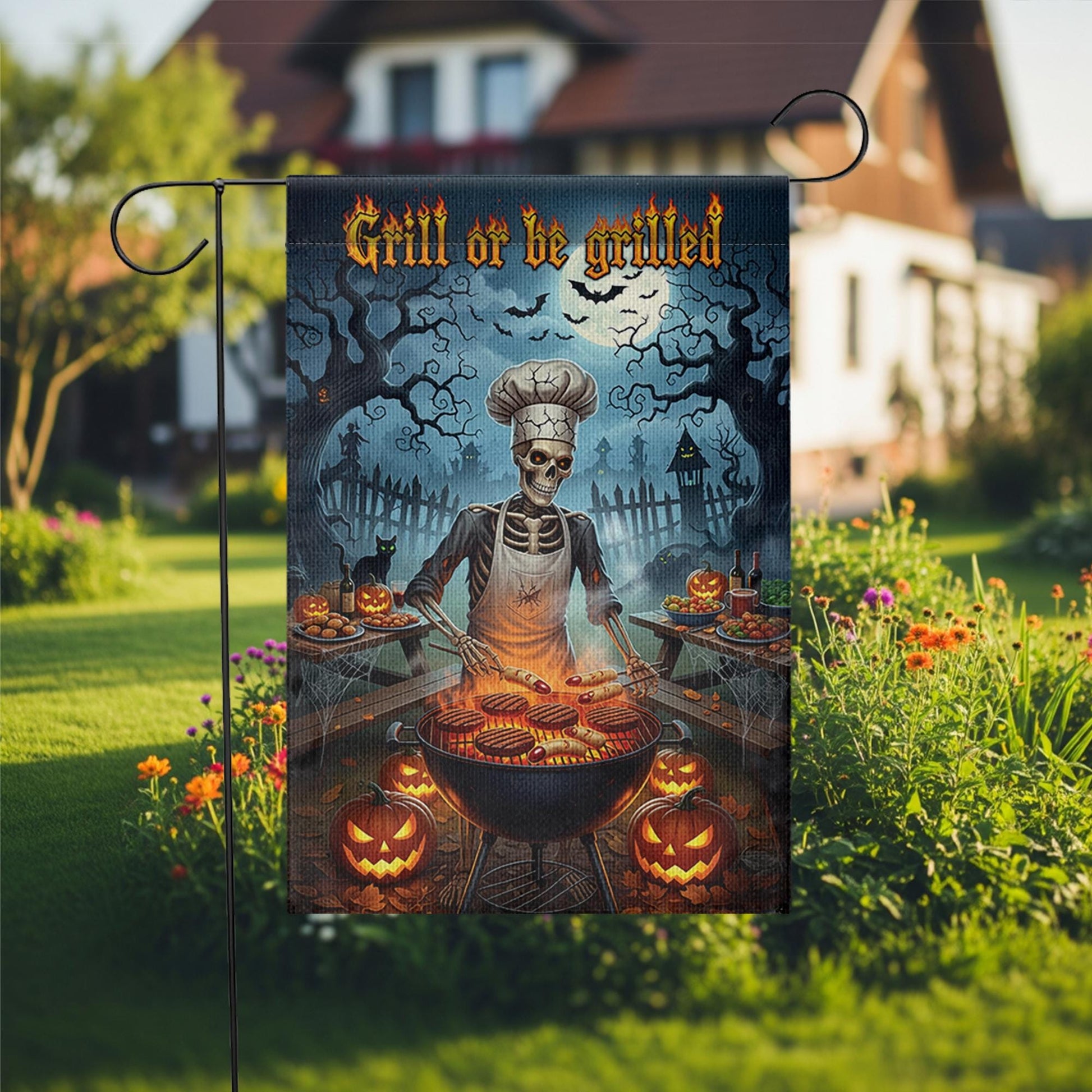 Grill or Be Grilled Halloween Garden Flag, Funny Skeleton BBQ Chef Yard Decor, Spooky Fall Outdoor Cooking Decoration, Pumpkin Lawn Sign