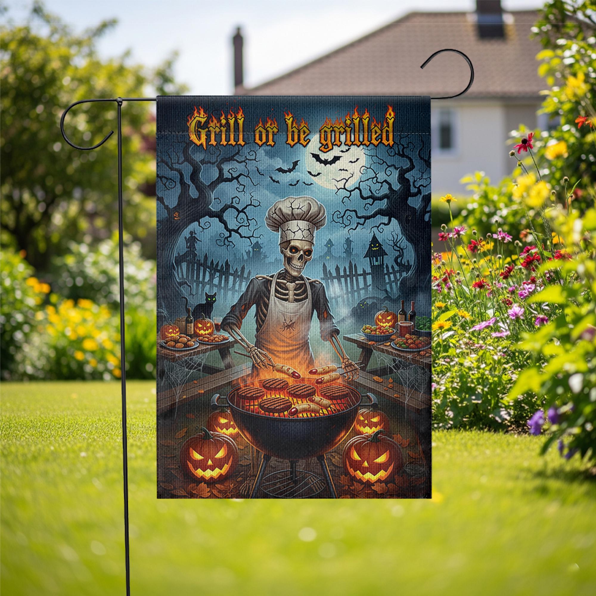 Grill or Be Grilled Halloween Garden Flag, Funny Skeleton BBQ Chef Yard Decor, Spooky Fall Outdoor Cooking Decoration, Pumpkin Lawn Sign