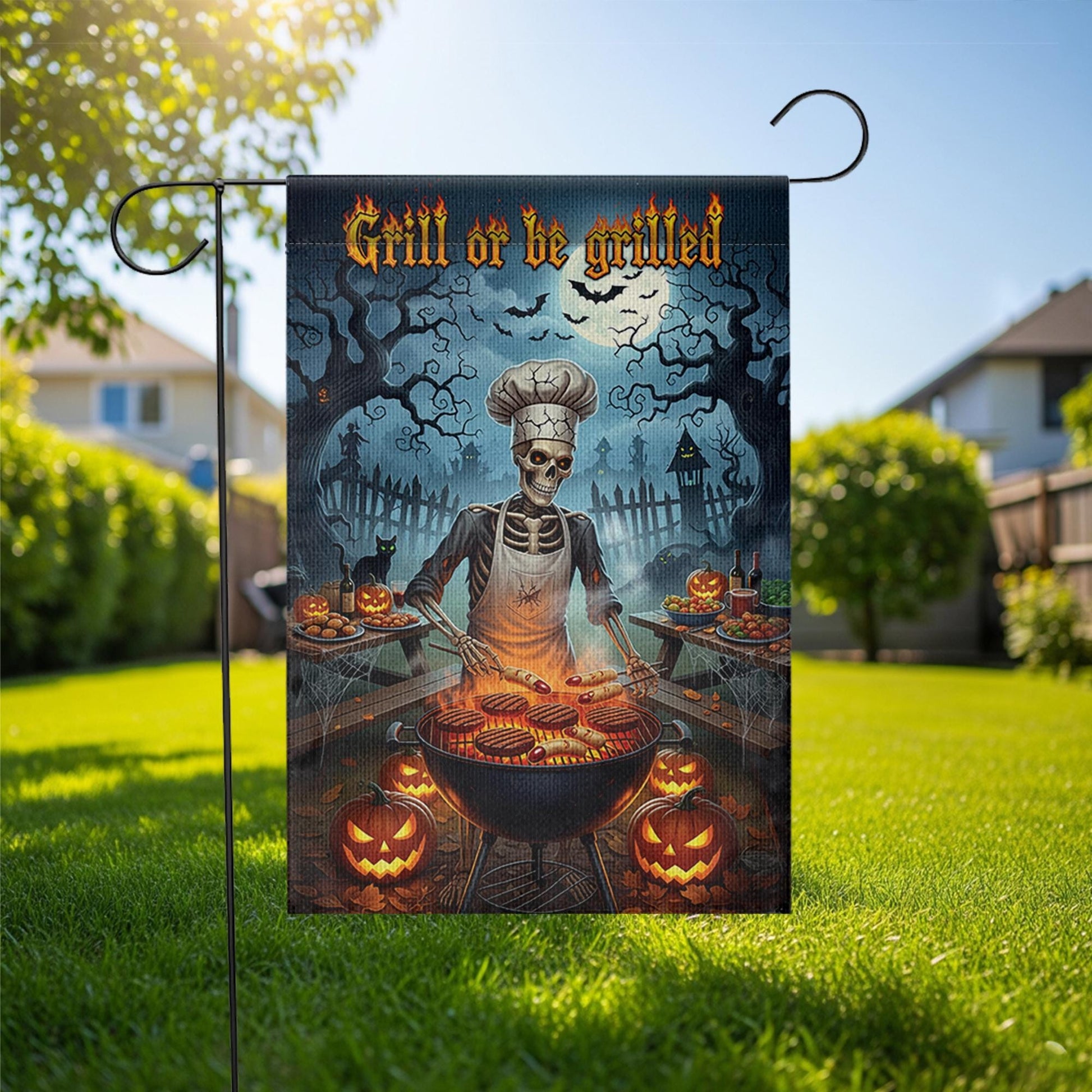 Grill or Be Grilled Halloween Garden Flag, Funny Skeleton BBQ Chef Yard Decor, Spooky Fall Outdoor Cooking Decoration, Pumpkin Lawn Sign