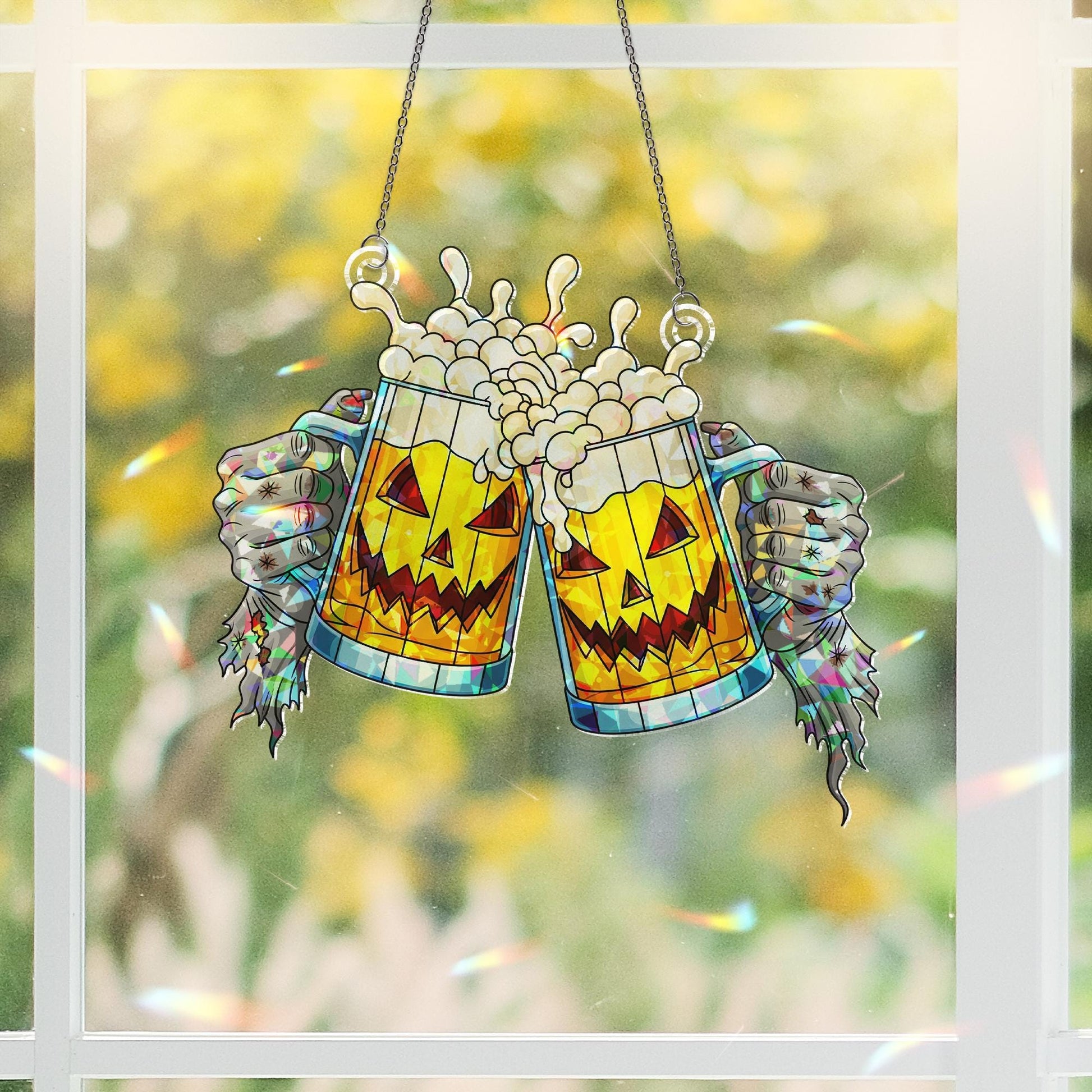 Halloween Stained Glass Beer Mug Suncatcher, Zombie Hands Cheers Sign, Pumpkin Jack O Lantern Bar Decor, Gothic Window Hanging