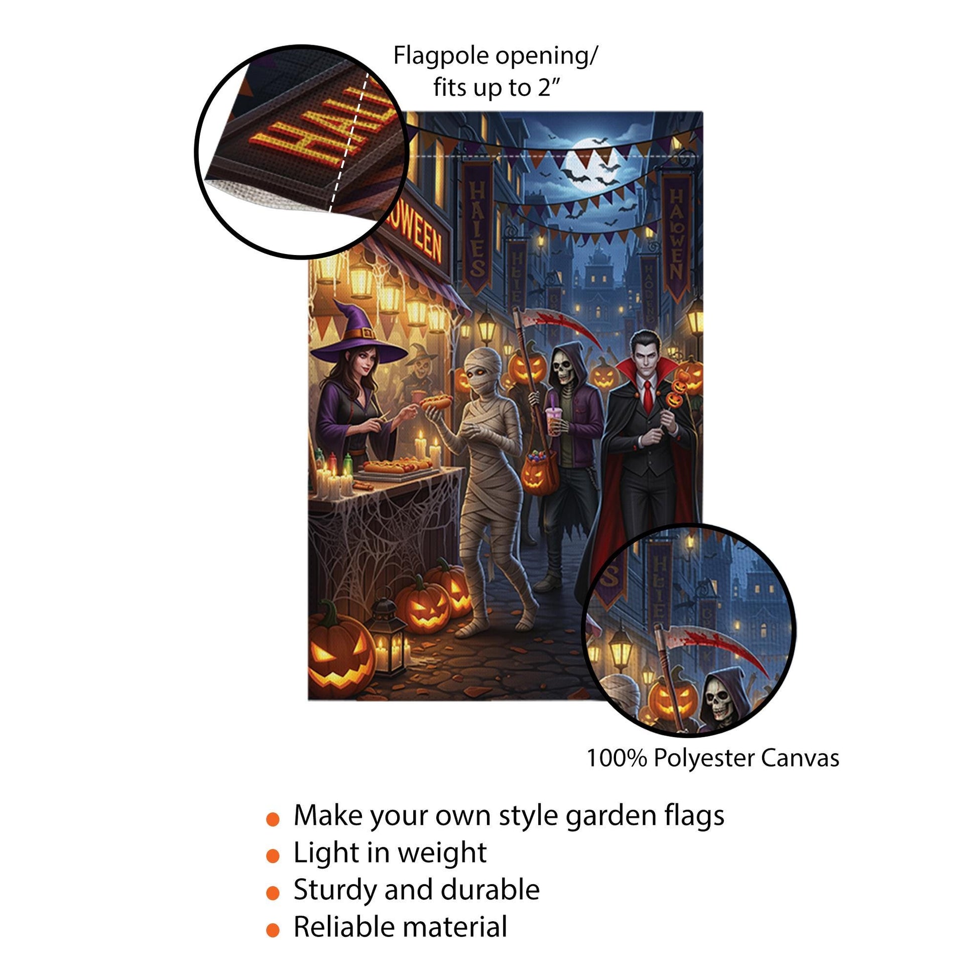 Halloween Streetfood Garden Flag, Spooky Market Yard Decor with Witch Mummy Vampire Grim Reaper, Fall Outdoor Trick or Treat Decoration