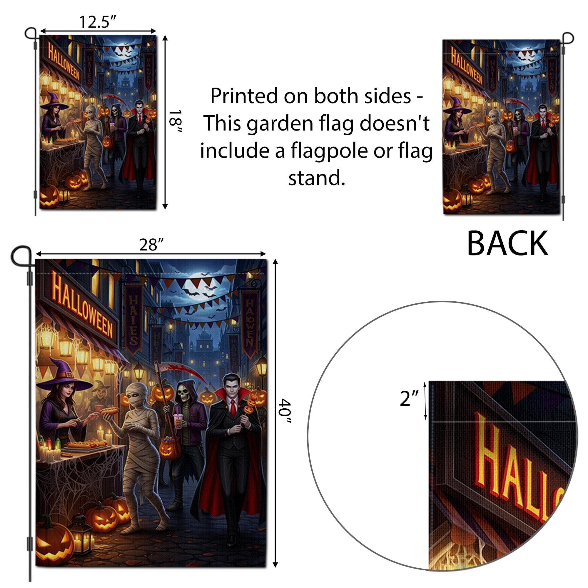 Halloween Streetfood Garden Flag, Spooky Market Yard Decor with Witch Mummy Vampire Grim Reaper, Fall Outdoor Trick or Treat Decoration