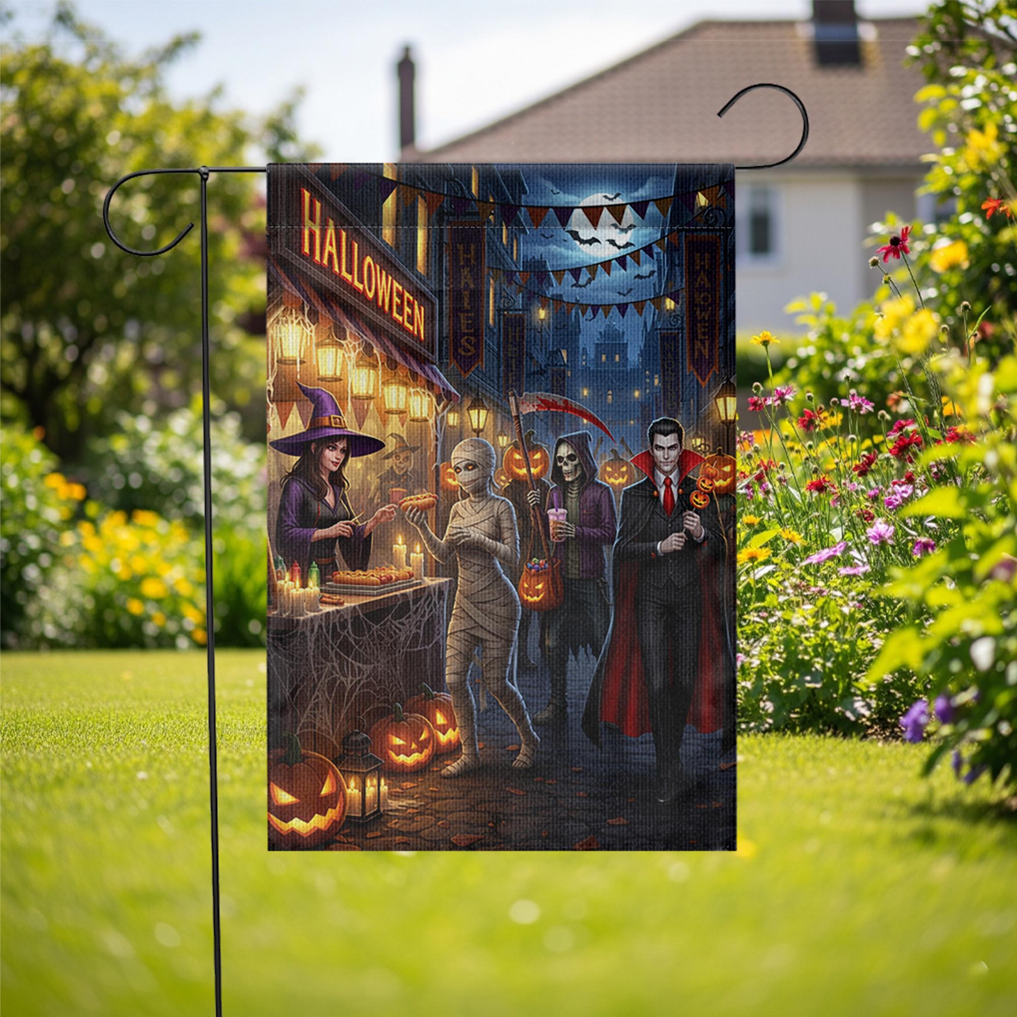 Halloween Streetfood Garden Flag, Spooky Market Yard Decor with Witch Mummy Vampire Grim Reaper, Fall Outdoor Trick or Treat Decoration