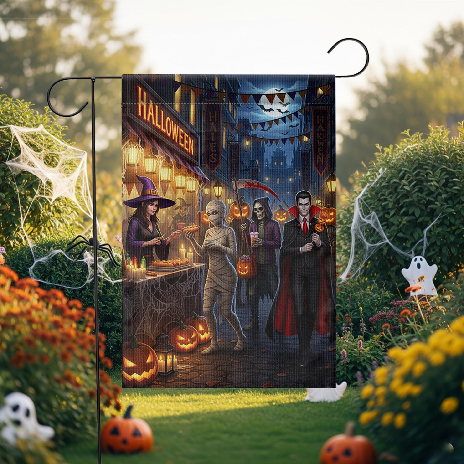 Halloween Streetfood Garden Flag, Spooky Market Yard Decor with Witch Mummy Vampire Grim Reaper, Fall Outdoor Trick or Treat Decoration