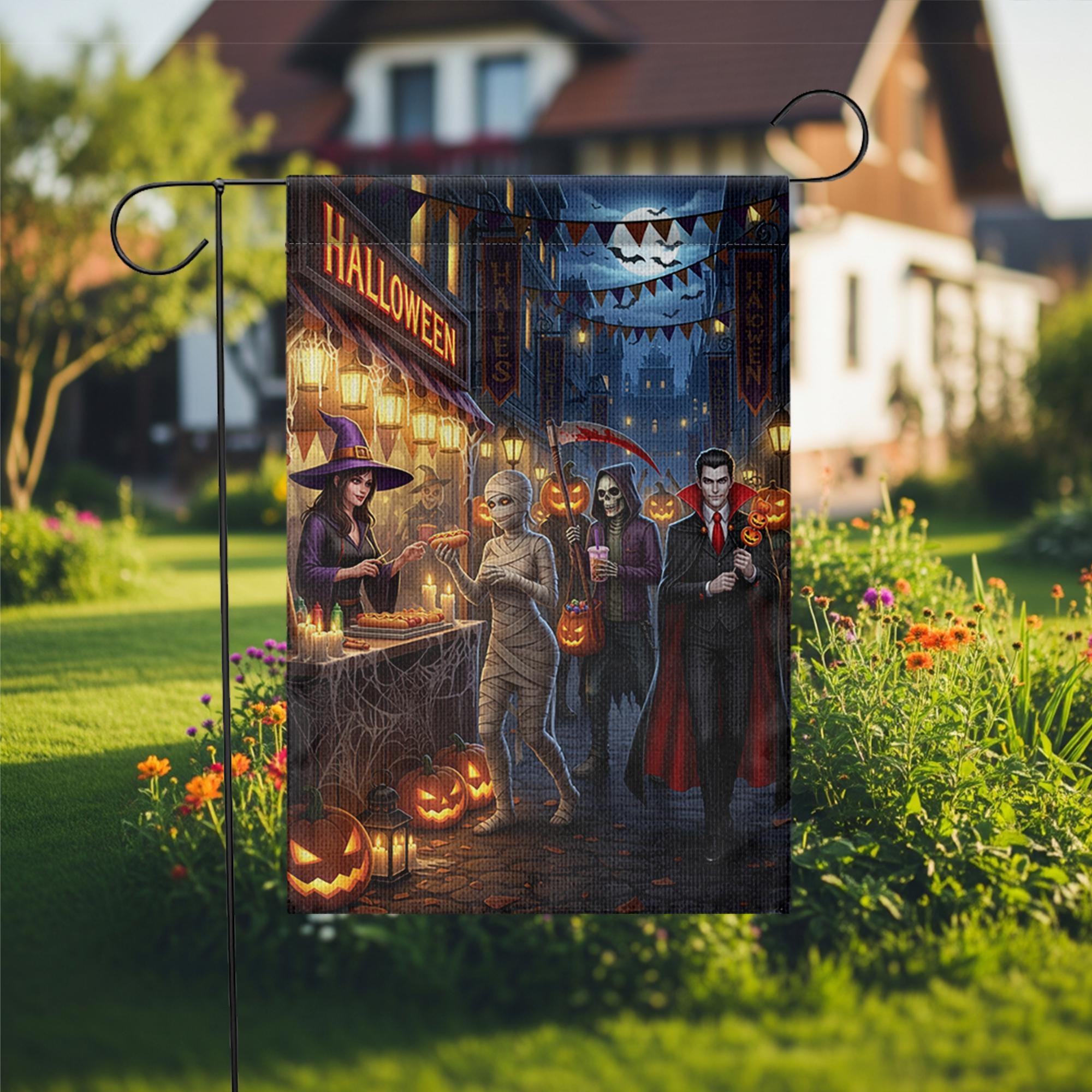 Halloween Streetfood Garden Flag, Spooky Market Yard Decor with Witch Mummy Vampire Grim Reaper, Fall Outdoor Trick or Treat Decoration