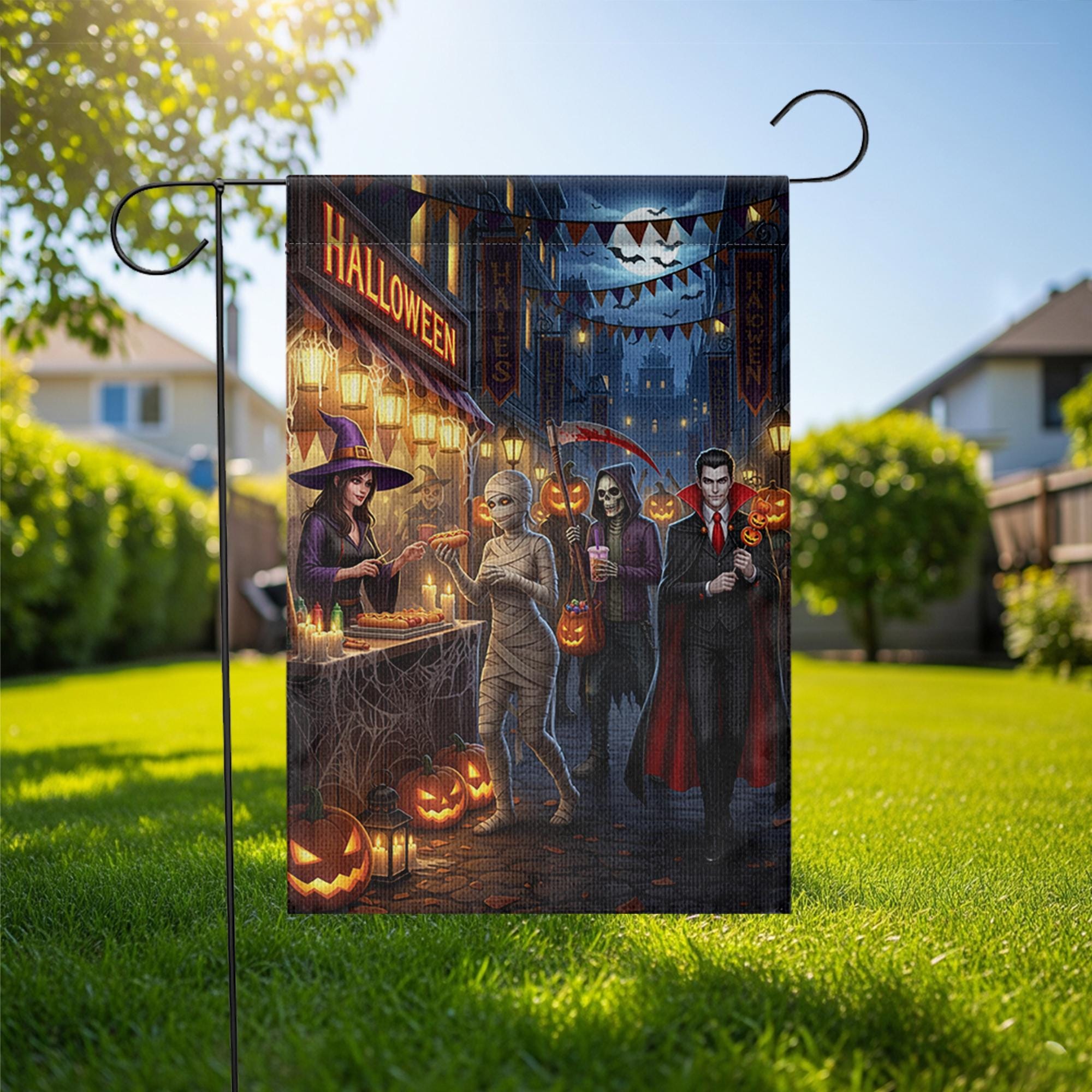 Halloween Streetfood Garden Flag, Spooky Market Yard Decor with Witch Mummy Vampire Grim Reaper, Fall Outdoor Trick or Treat Decoration