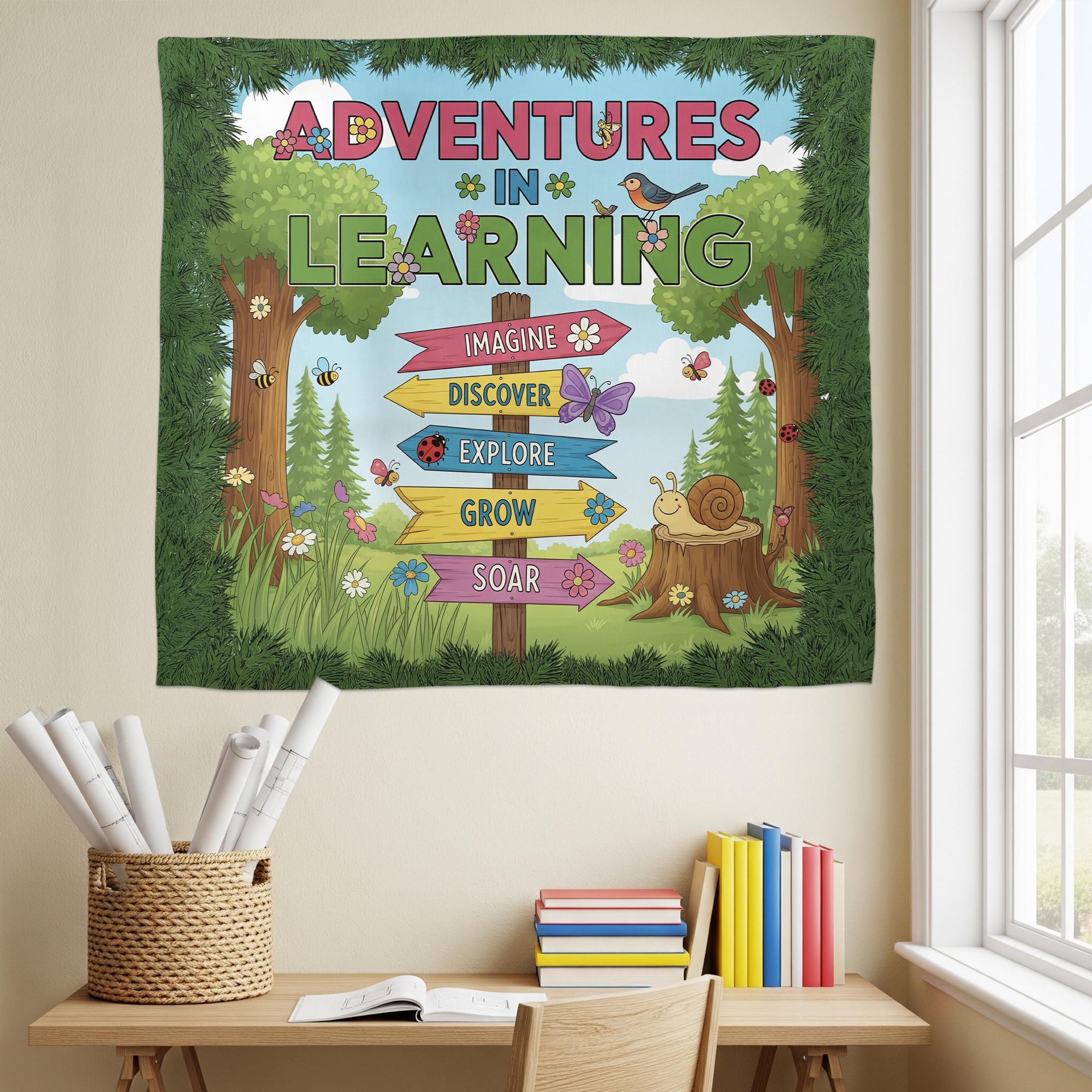 Adventures in Learning Classroom Banner - Woodland Theme Motivational Sign, Nature Wall Art for Preschool & Elementary Decor, Back To School