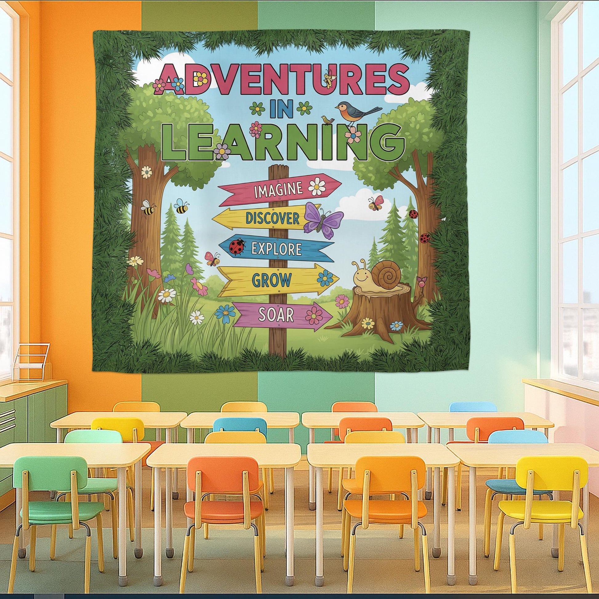 Adventures in Learning Classroom Banner - Woodland Theme Motivational Sign, Nature Wall Art for Preschool & Elementary Decor, Back To School