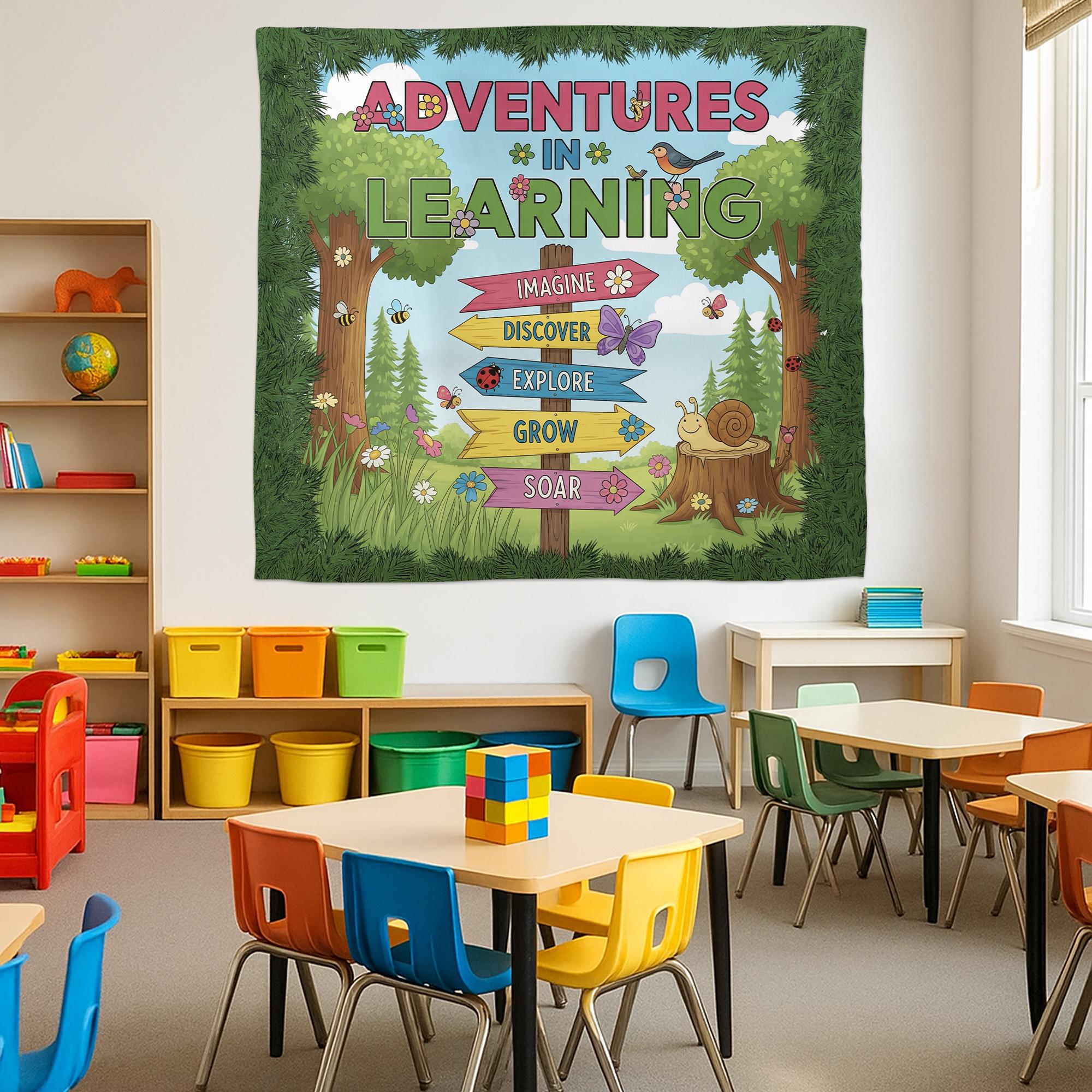 Adventures in Learning Classroom Banner - Woodland Theme Motivational Sign, Nature Wall Art for Preschool & Elementary Decor, Back To School
