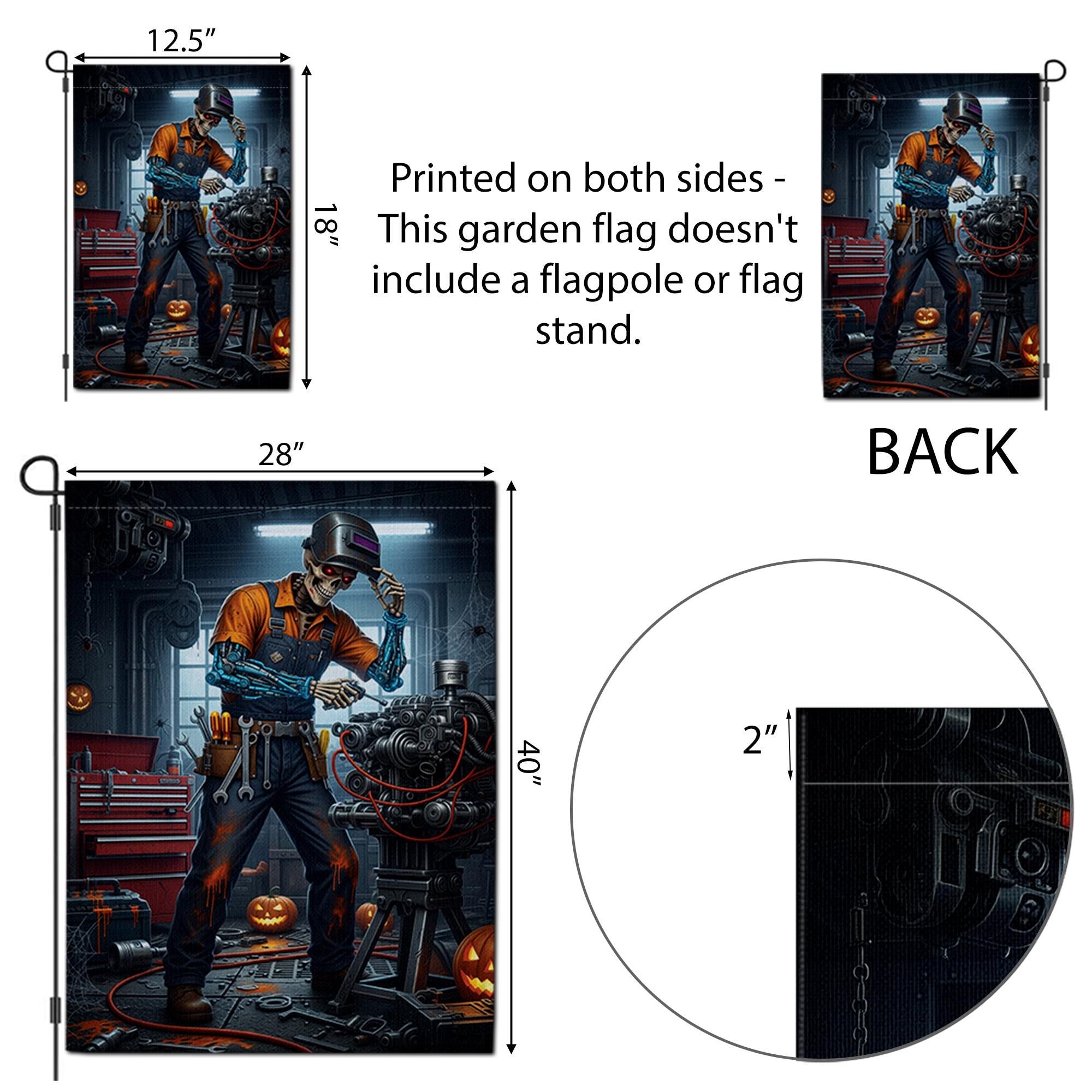 Halloween Mechanic Garden Flag, Spooky Skeleton Robot Yard Decor, Funny Auto Repair Garage Outdoor Fall Decoration with Pumpkin