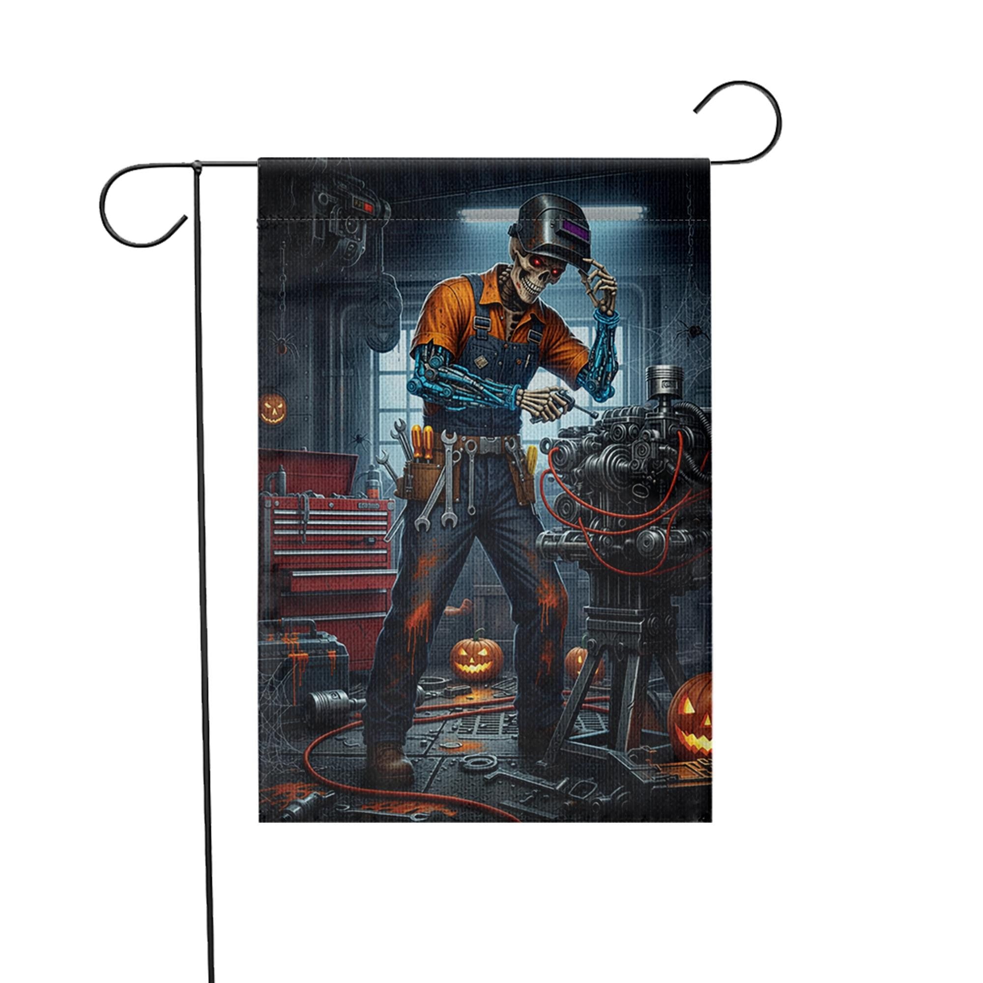 Halloween Mechanic Garden Flag, Spooky Skeleton Robot Yard Decor, Funny Auto Repair Garage Outdoor Fall Decoration with Pumpkin