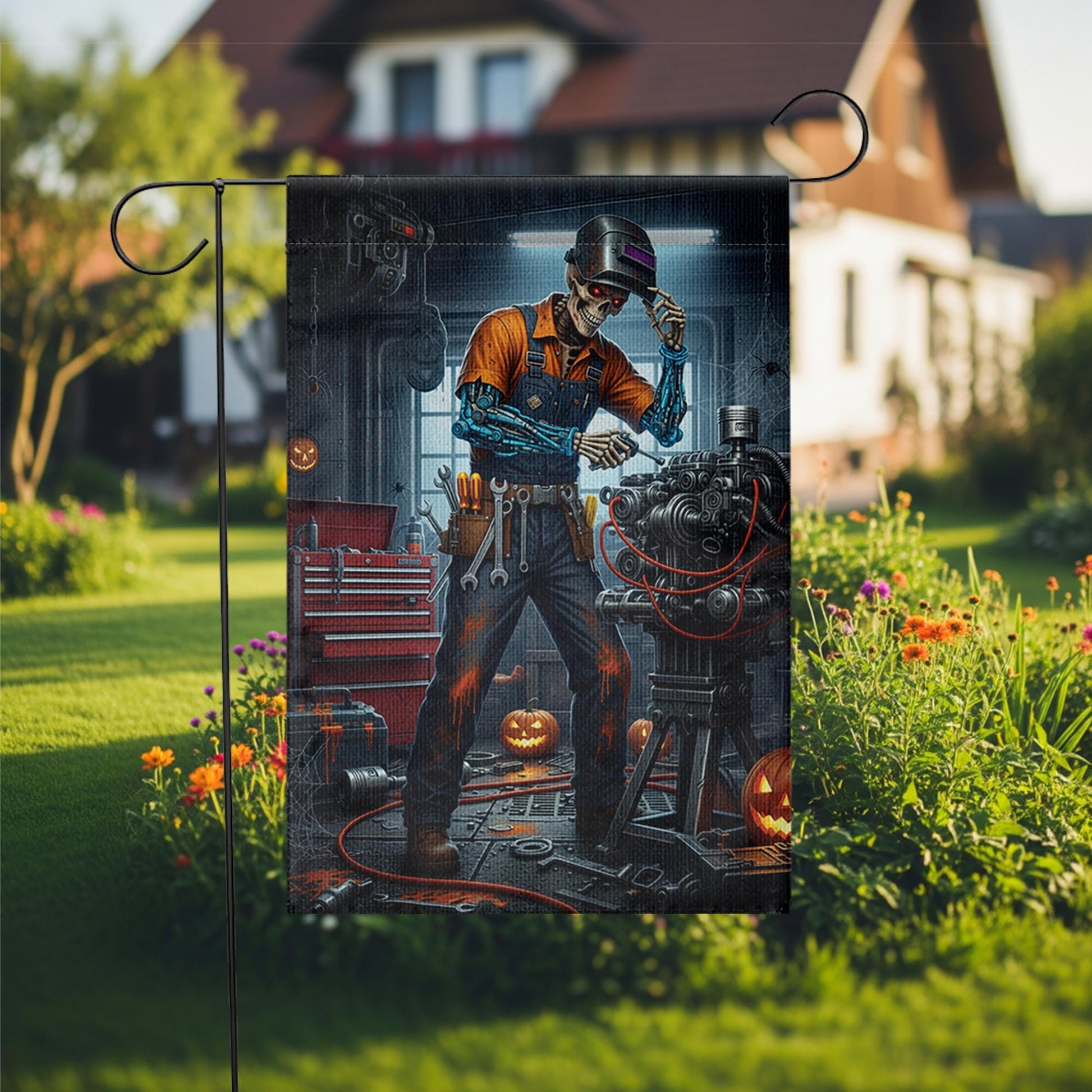 Halloween Mechanic Garden Flag, Spooky Skeleton Robot Yard Decor, Funny Auto Repair Garage Outdoor Fall Decoration with Pumpkin