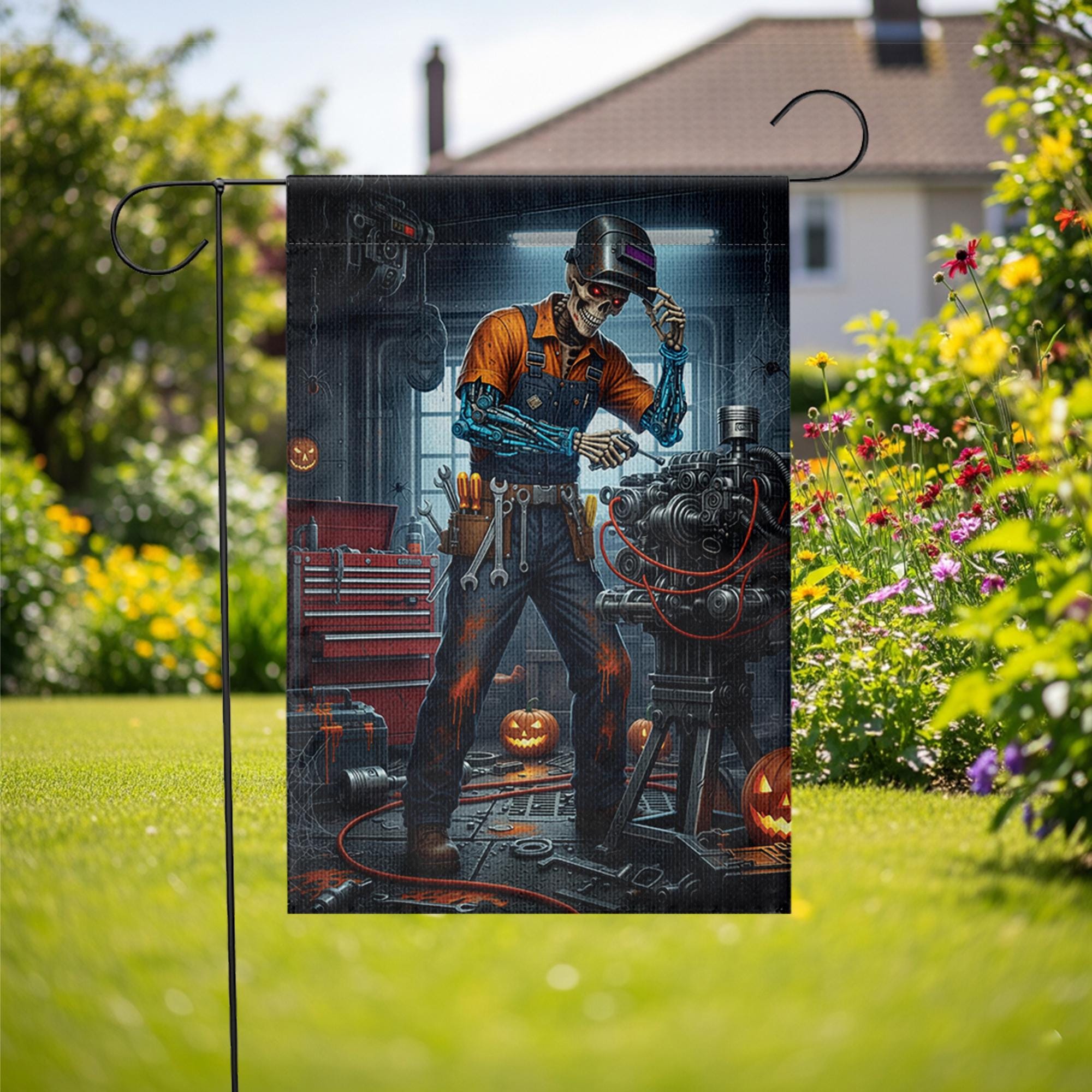 Halloween Mechanic Garden Flag, Spooky Skeleton Robot Yard Decor, Funny Auto Repair Garage Outdoor Fall Decoration with Pumpkin