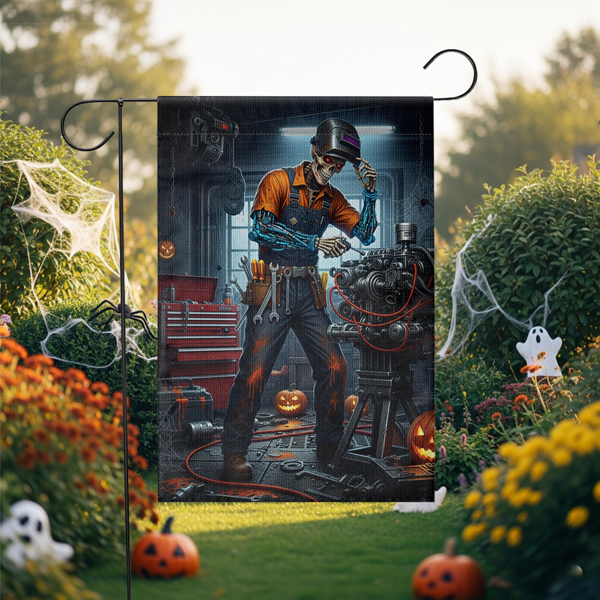 Halloween Mechanic Garden Flag, Spooky Skeleton Robot Yard Decor, Funny Auto Repair Garage Outdoor Fall Decoration with Pumpkin