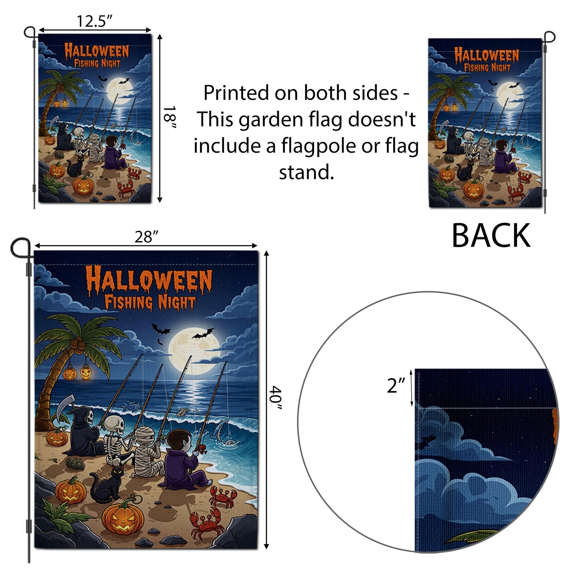 Halloween Fishing Night Garden Flag, Funny Spooky Beach Yard Decor with Skeleton Vampire Grim Reaper Mummy, Fall Outdoor Decoration