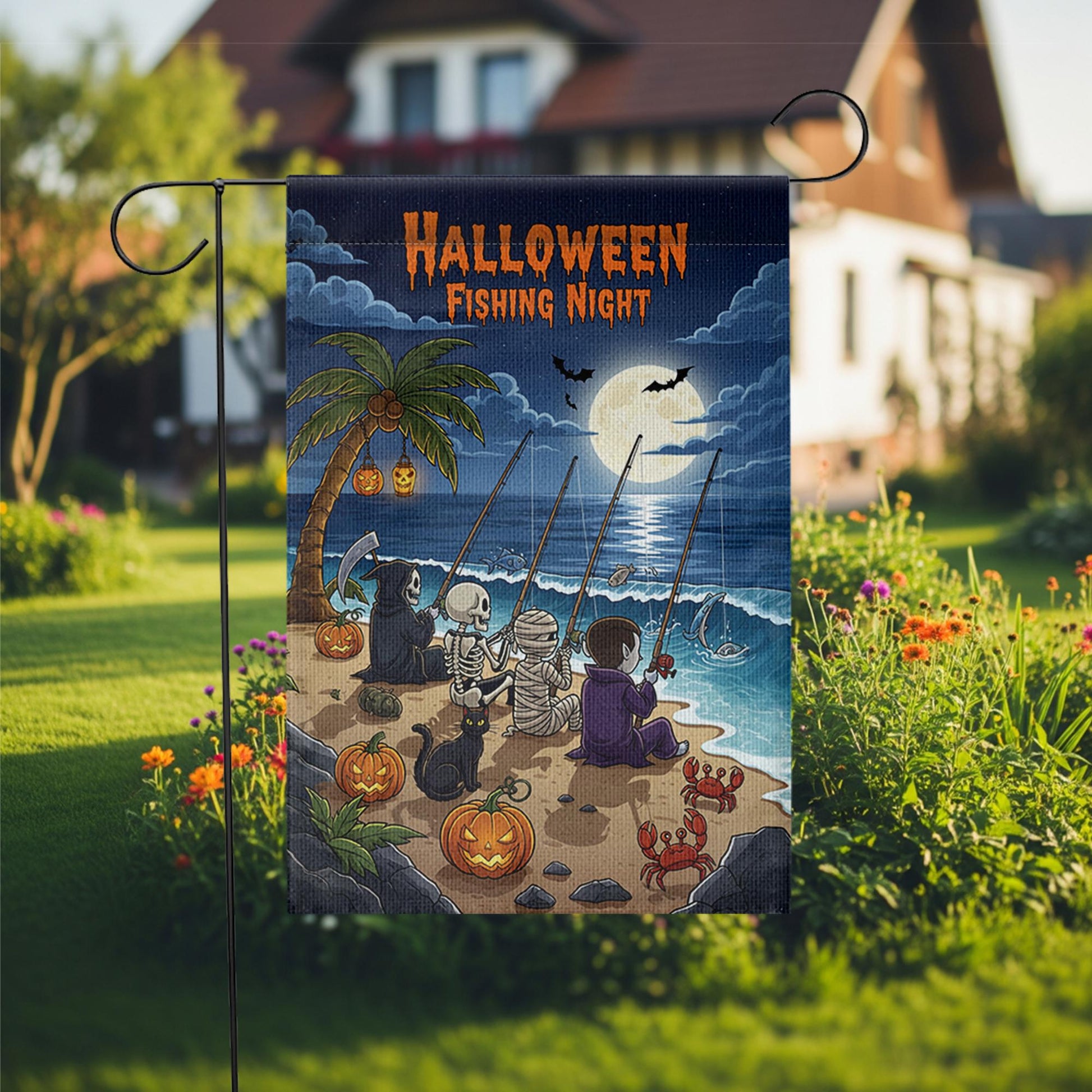 Halloween Fishing Night Garden Flag, Funny Spooky Beach Yard Decor with Skeleton Vampire Grim Reaper Mummy, Fall Outdoor Decoration