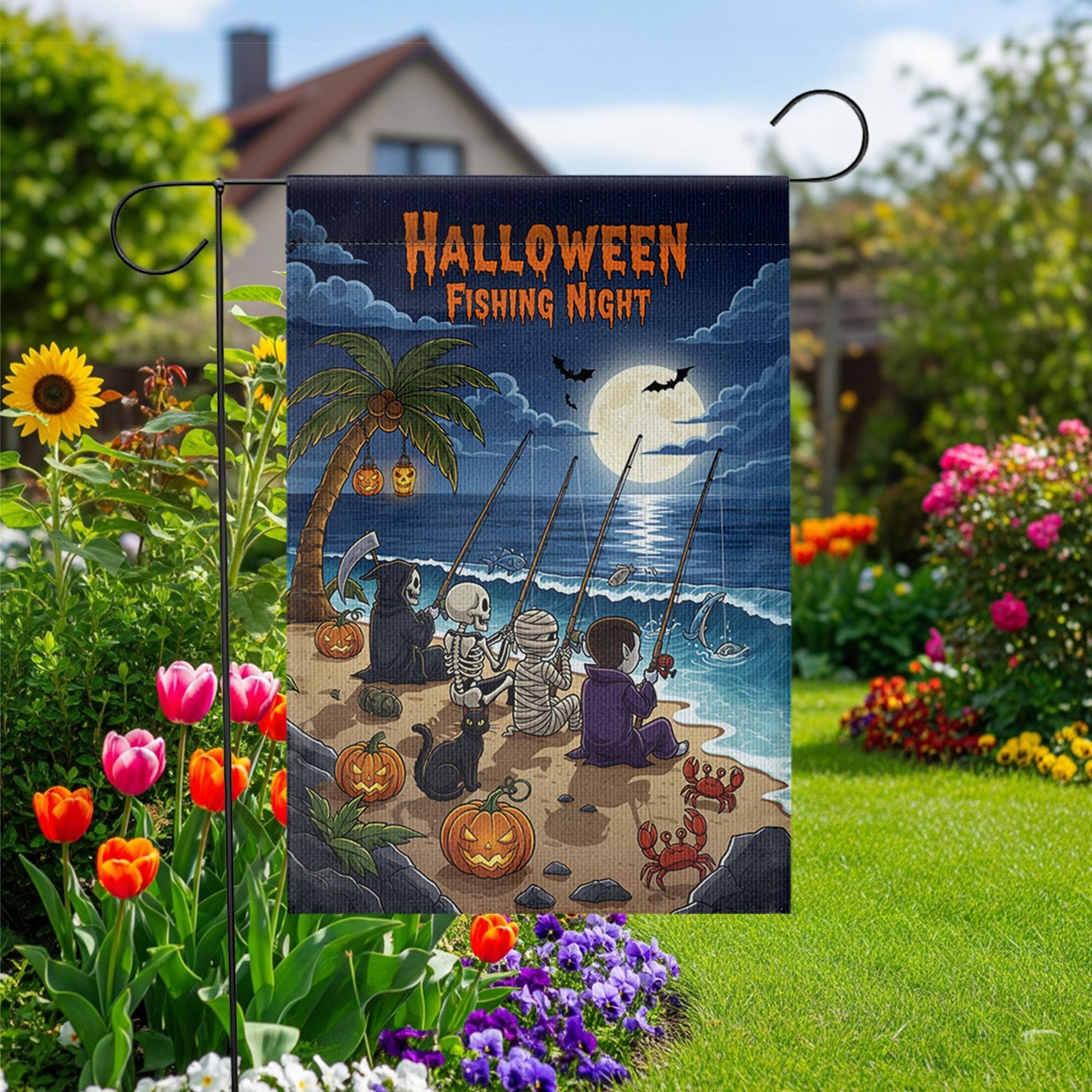 Halloween Fishing Night Garden Flag, Funny Spooky Beach Yard Decor with Skeleton Vampire Grim Reaper Mummy, Fall Outdoor Decoration