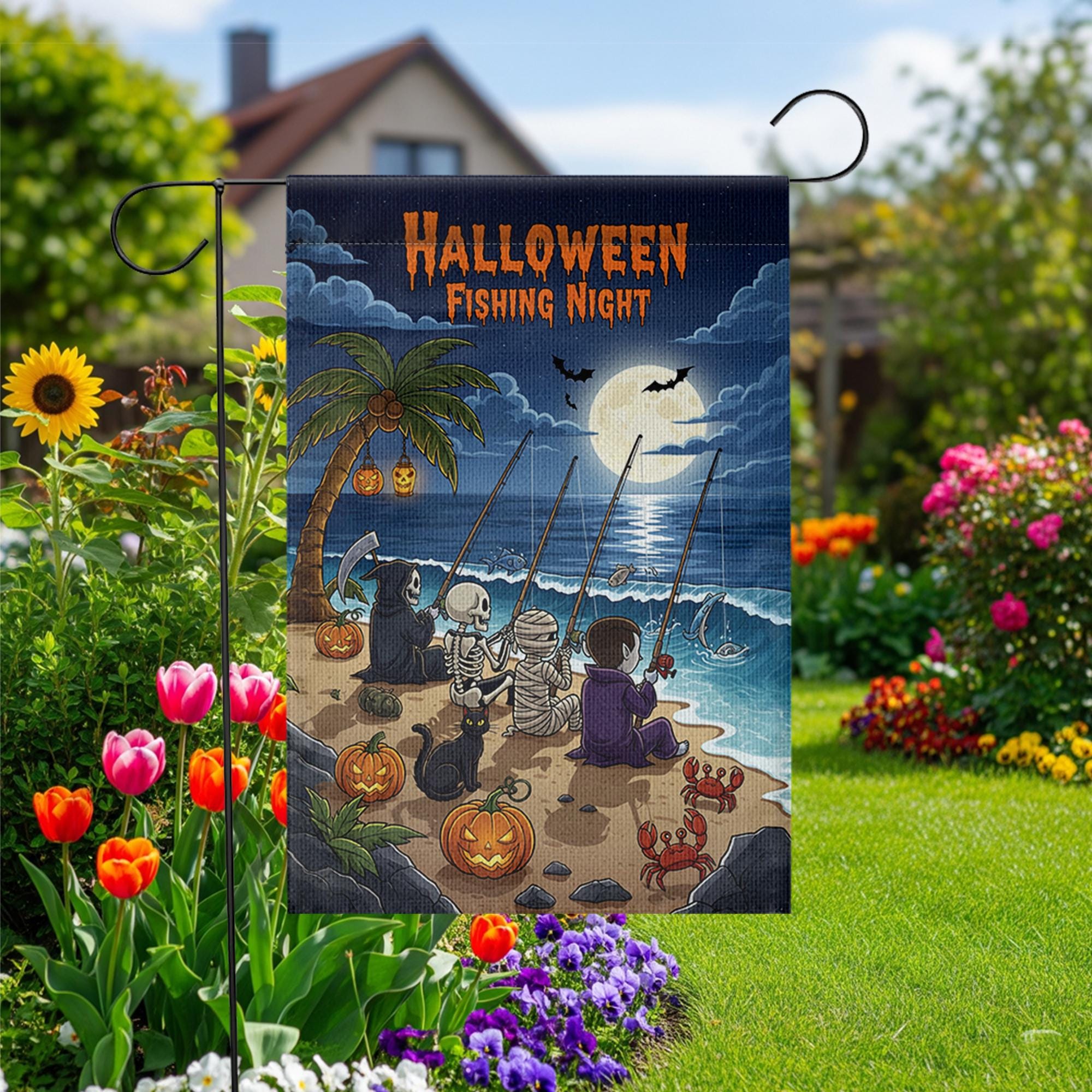 Halloween Fishing Night Garden Flag, Funny Spooky Beach Yard Decor with Skeleton Vampire Grim Reaper Mummy, Fall Outdoor Decoration