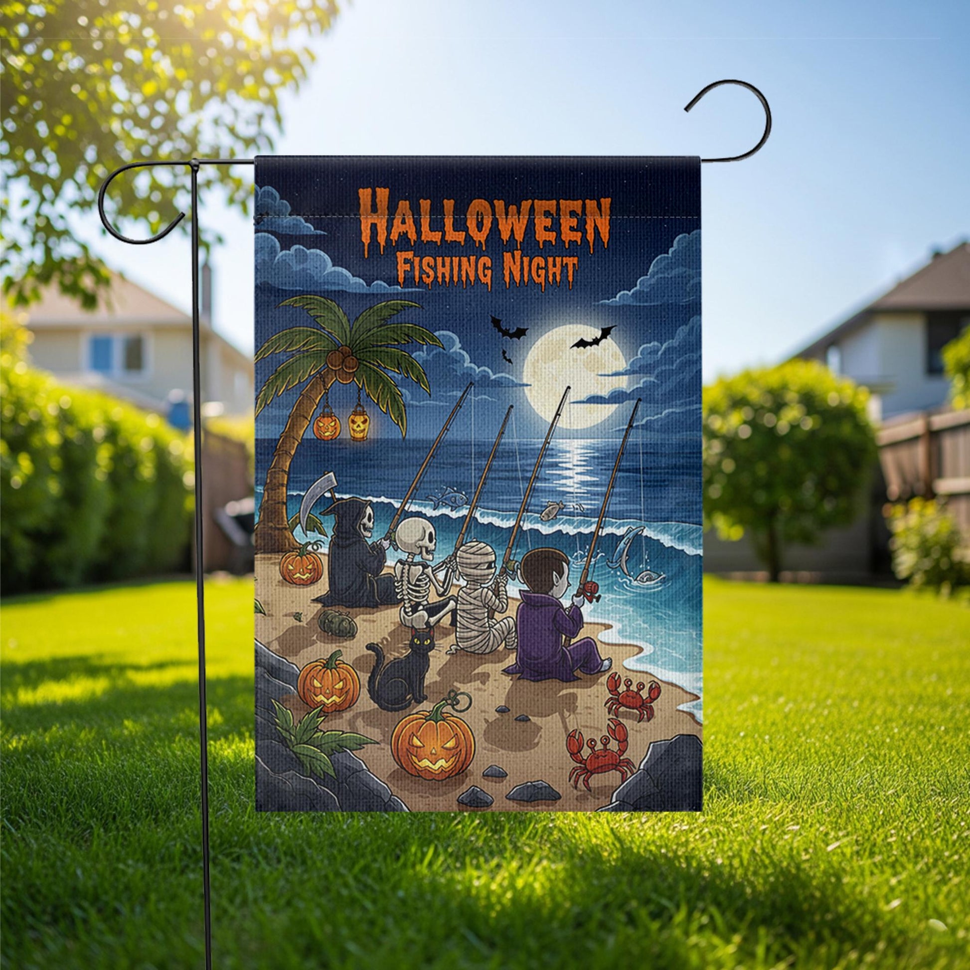 Halloween Fishing Night Garden Flag, Funny Spooky Beach Yard Decor with Skeleton Vampire Grim Reaper Mummy, Fall Outdoor Decoration