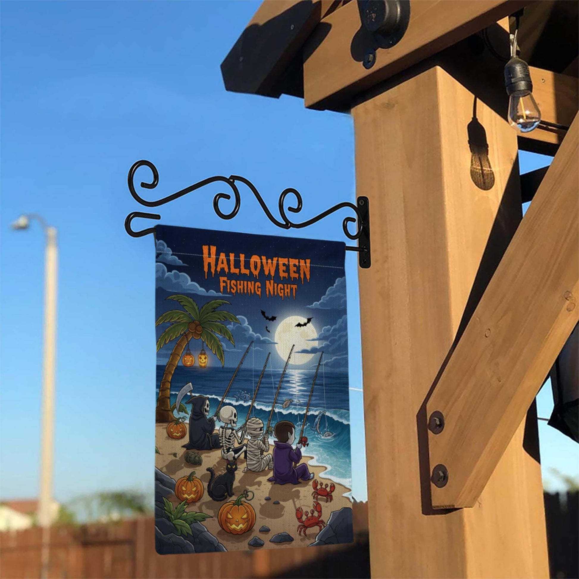 Halloween Fishing Night Garden Flag, Funny Spooky Beach Yard Decor with Skeleton Vampire Grim Reaper Mummy, Fall Outdoor Decoration