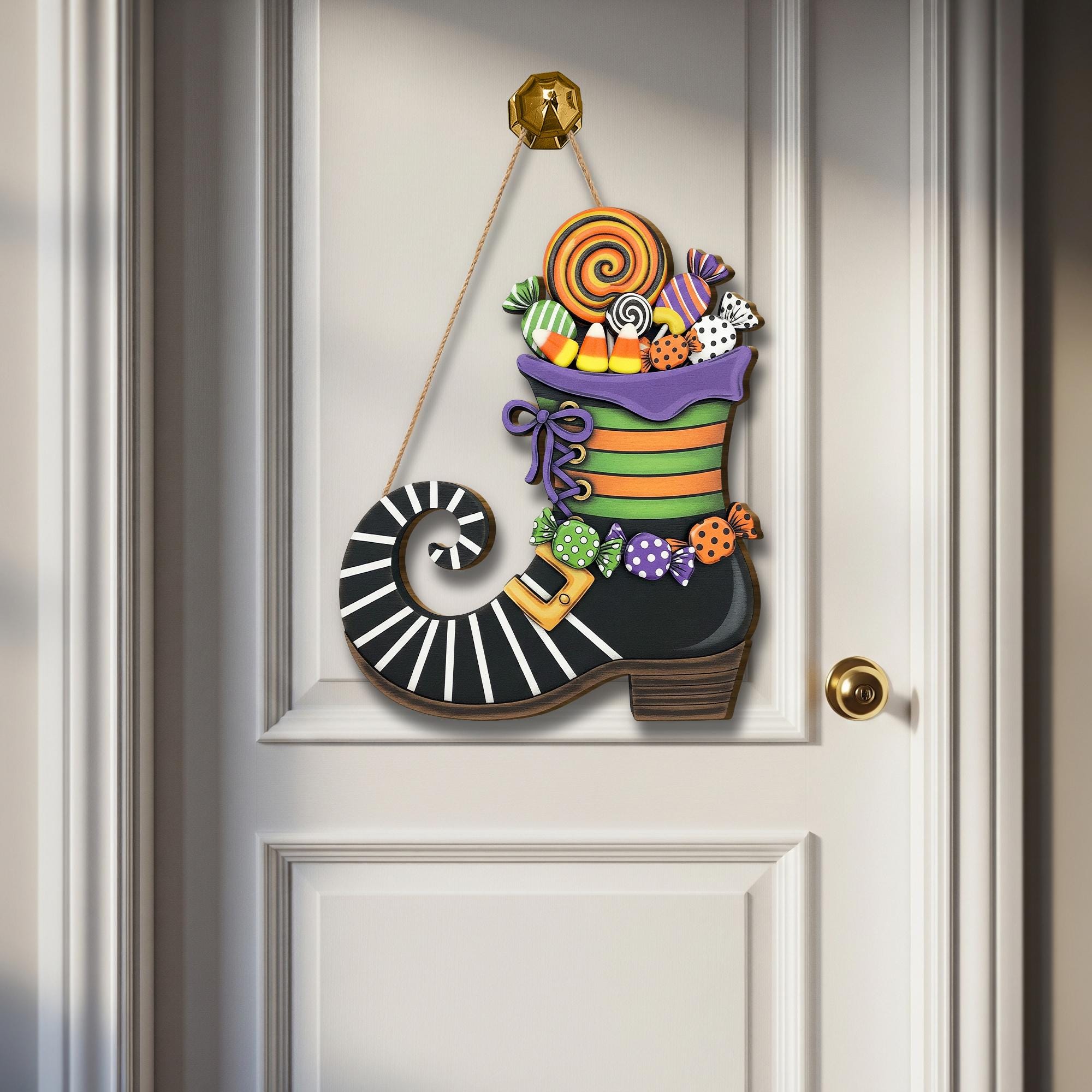 Halloween Witch Boot Door Hanger with Candy | Spooky Home Decor | Trick or Treat Sign | Fall Front Door Decoration