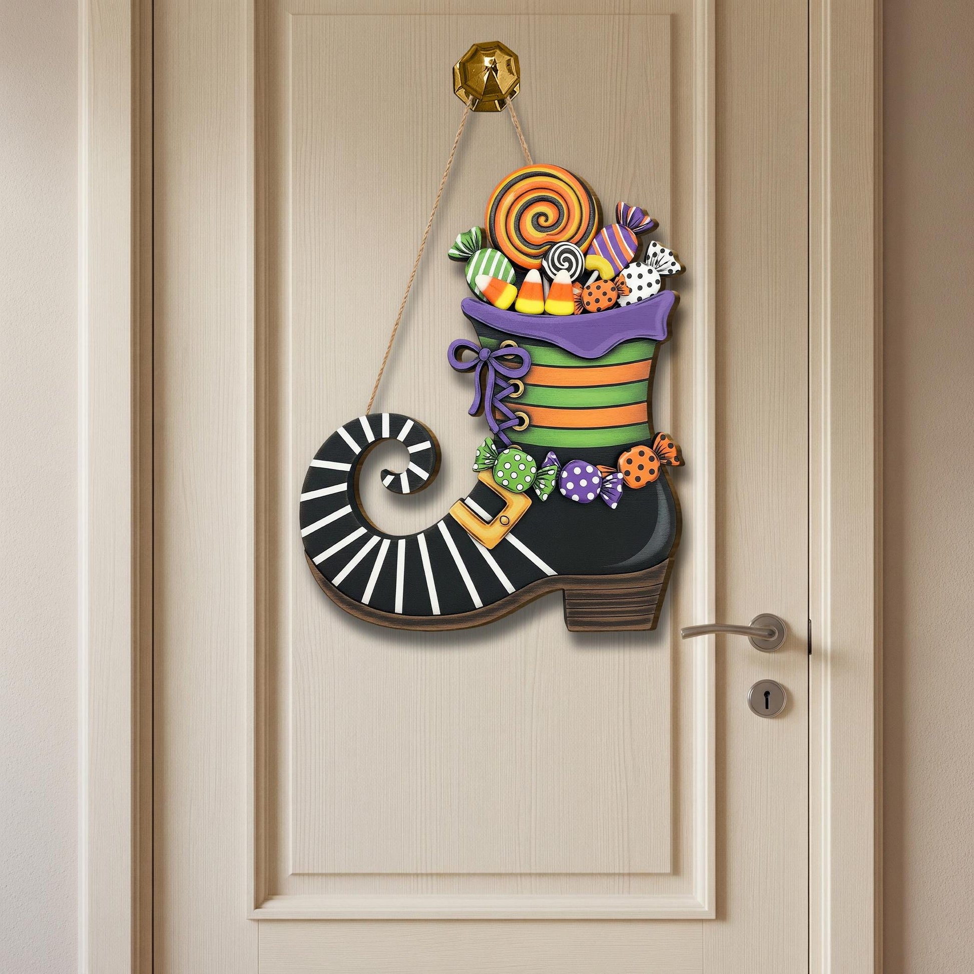 Halloween Witch Boot Door Hanger with Candy | Spooky Home Decor | Trick or Treat Sign | Fall Front Door Decoration
