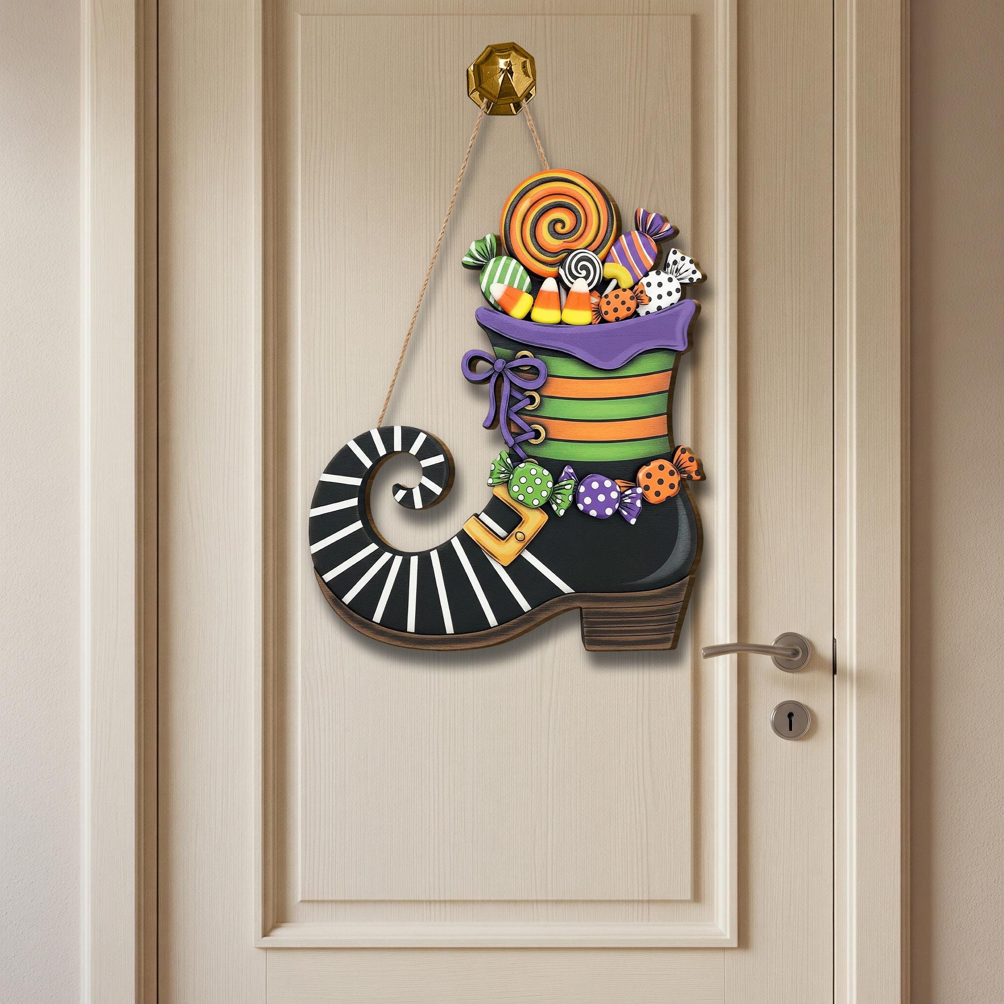 Halloween Witch Boot Door Hanger with Candy | Spooky Home Decor | Trick or Treat Sign | Fall Front Door Decoration