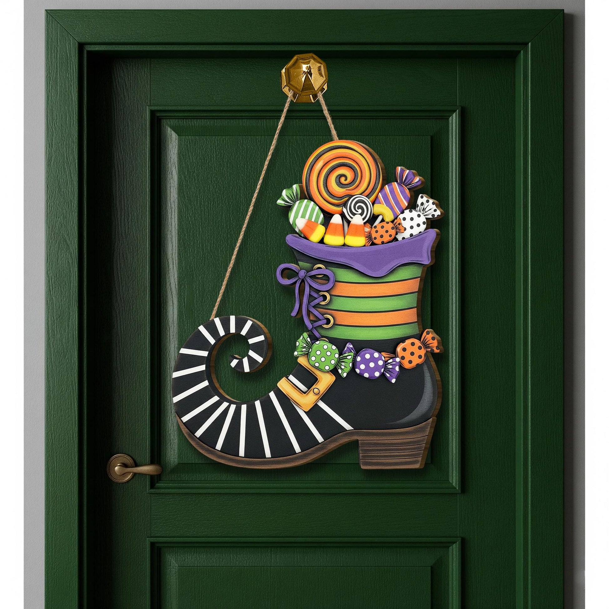 Halloween Witch Boot Door Hanger with Candy | Spooky Home Decor | Trick or Treat Sign | Fall Front Door Decoration