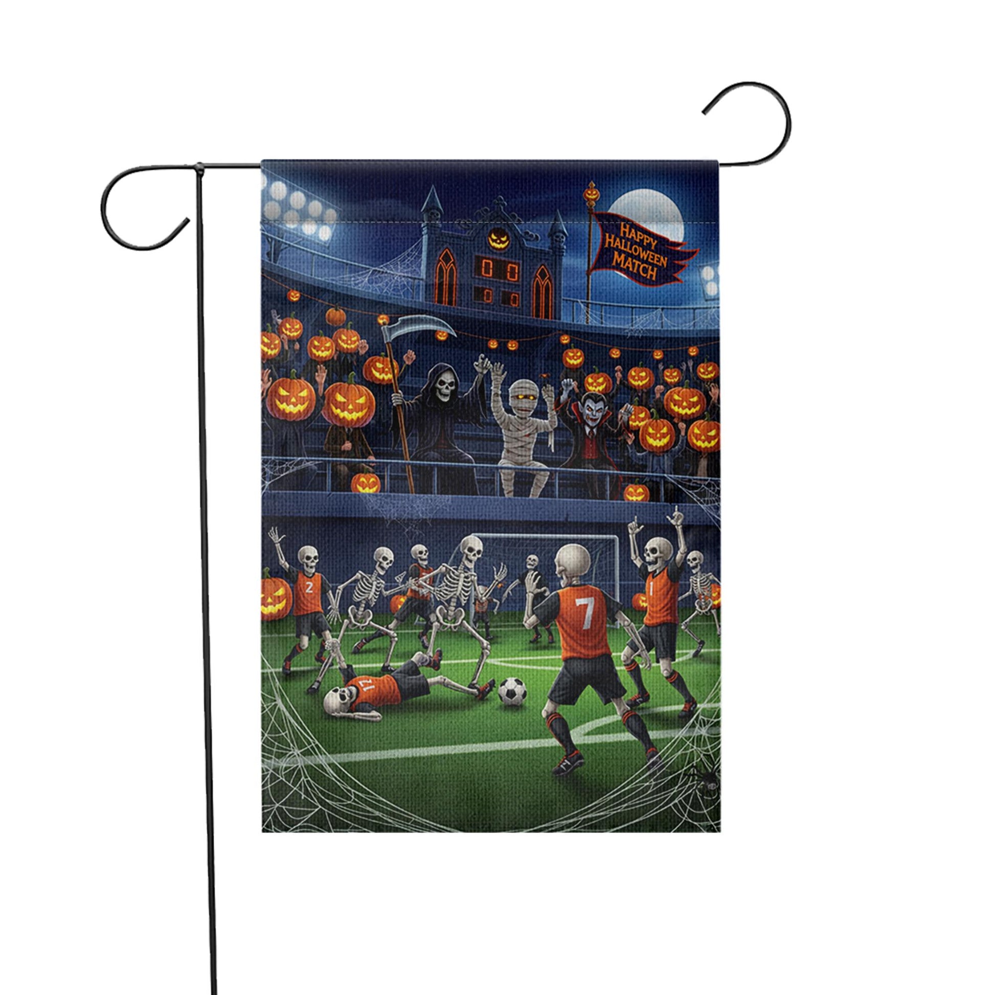 Halloween Soccer Match Garden Flag, Funny Skeleton Football Yard Decor, Spooky Fall Outdoor Decoration with Grim Reaper Vampire Mummy Fans
