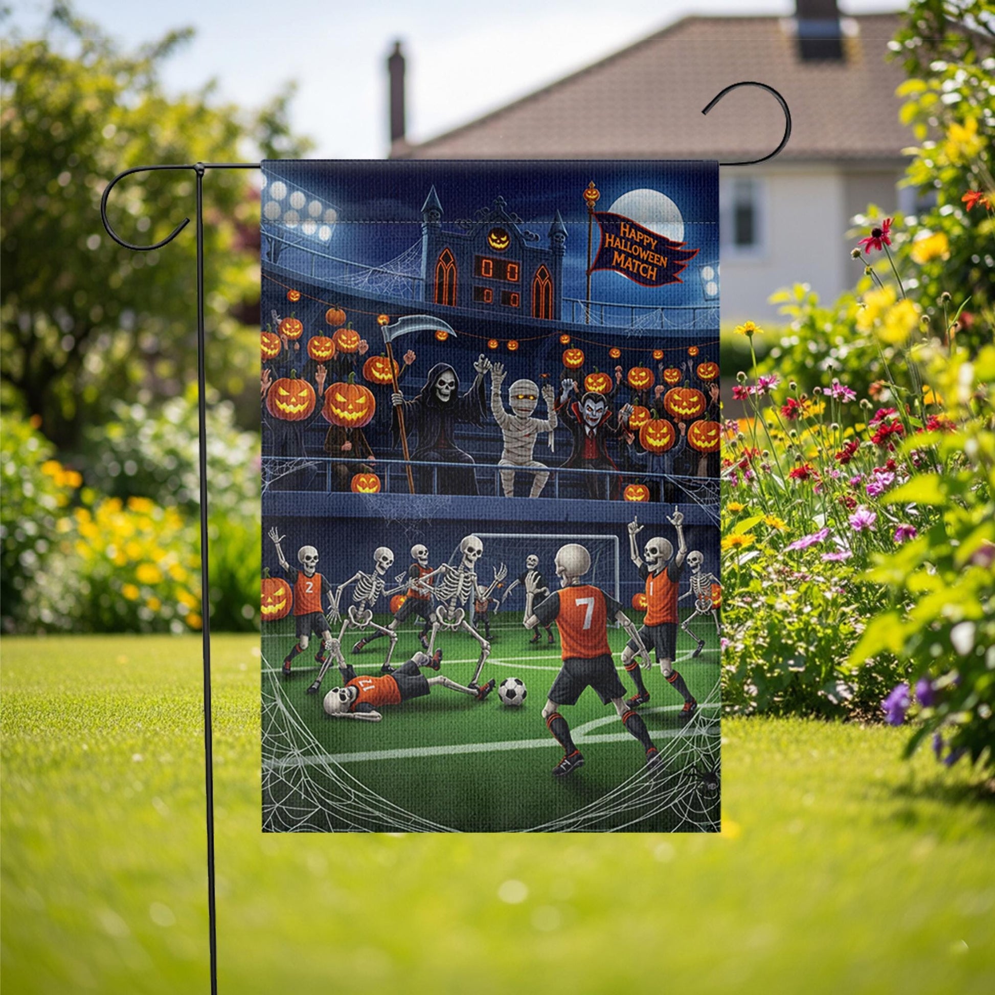 Halloween Soccer Match Garden Flag, Funny Skeleton Football Yard Decor, Spooky Fall Outdoor Decoration with Grim Reaper Vampire Mummy Fans