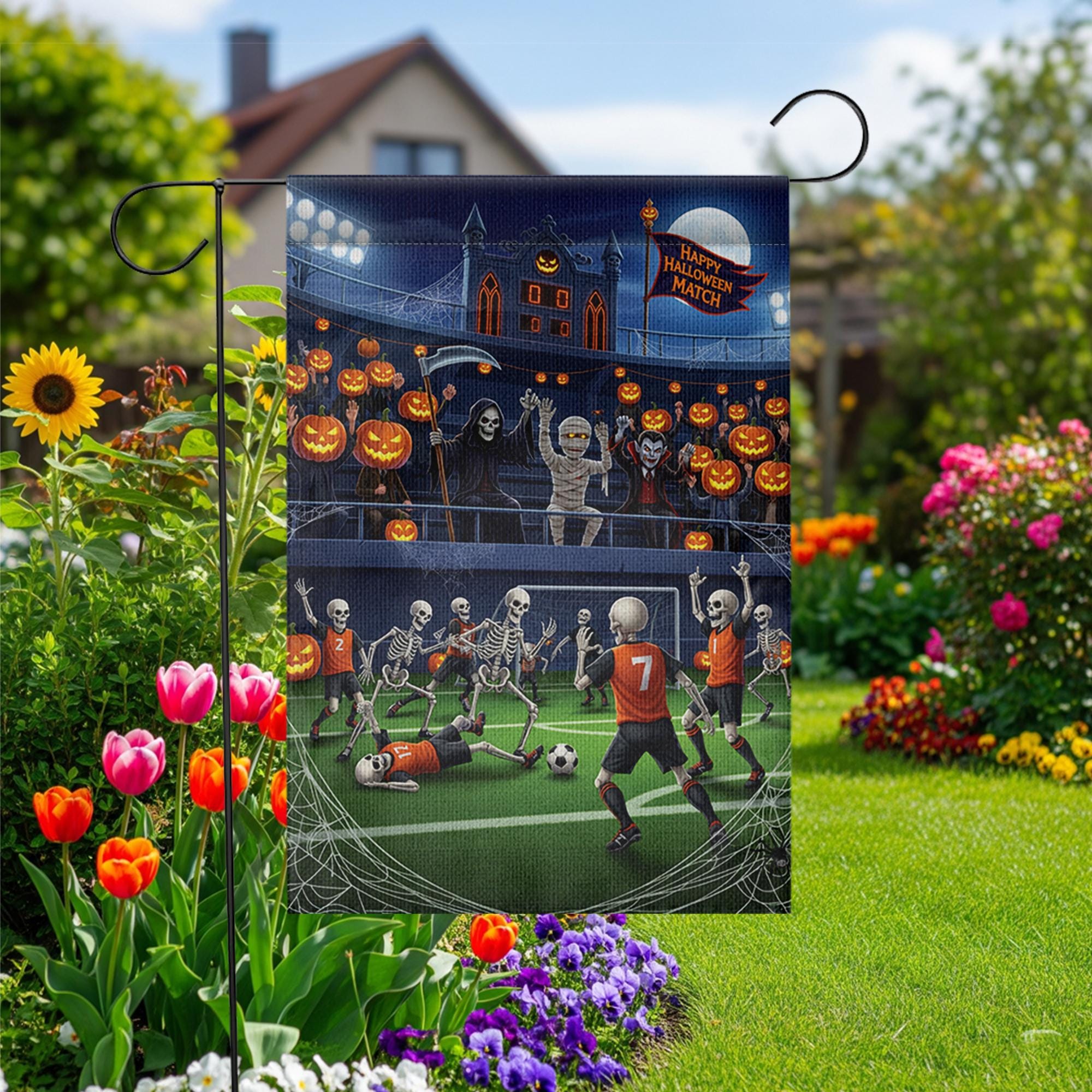 Halloween Soccer Match Garden Flag, Funny Skeleton Football Yard Decor, Spooky Fall Outdoor Decoration with Grim Reaper Vampire Mummy Fans