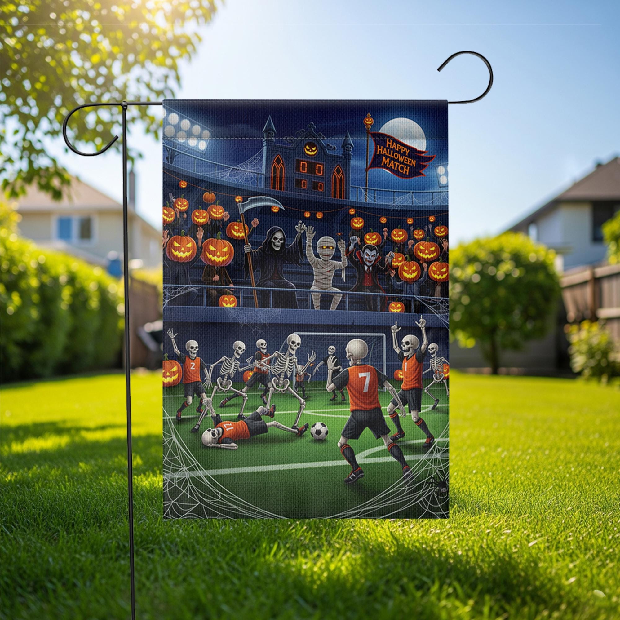 Halloween Soccer Match Garden Flag, Funny Skeleton Football Yard Decor, Spooky Fall Outdoor Decoration with Grim Reaper Vampire Mummy Fans