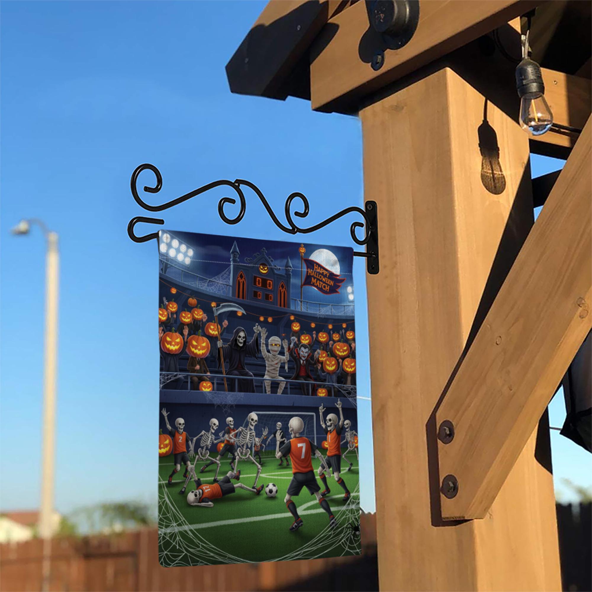 Halloween Soccer Match Garden Flag, Funny Skeleton Football Yard Decor, Spooky Fall Outdoor Decoration with Grim Reaper Vampire Mummy Fans